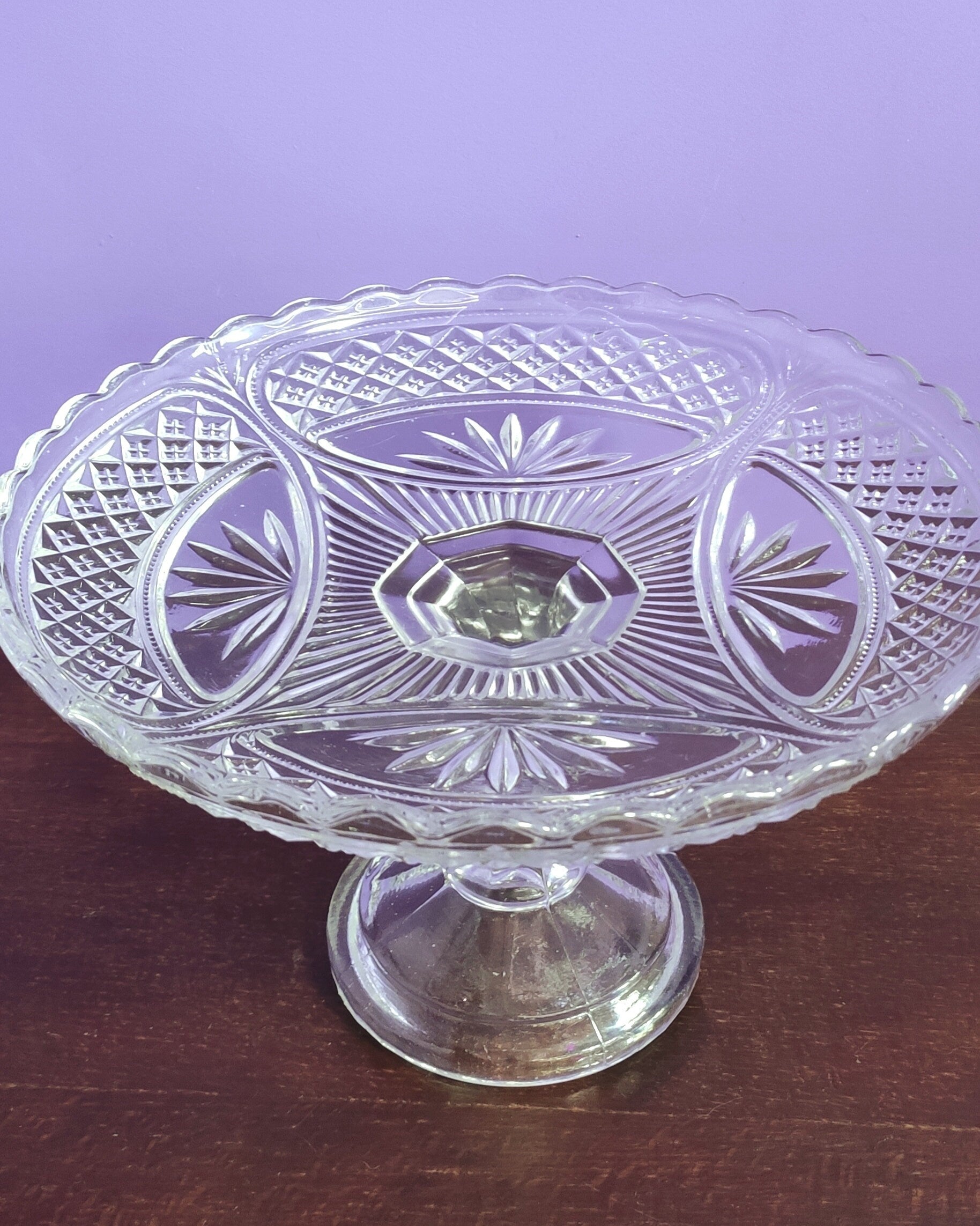Antique pressed glass vase until 1915, Fruit bowl on a twisted leg