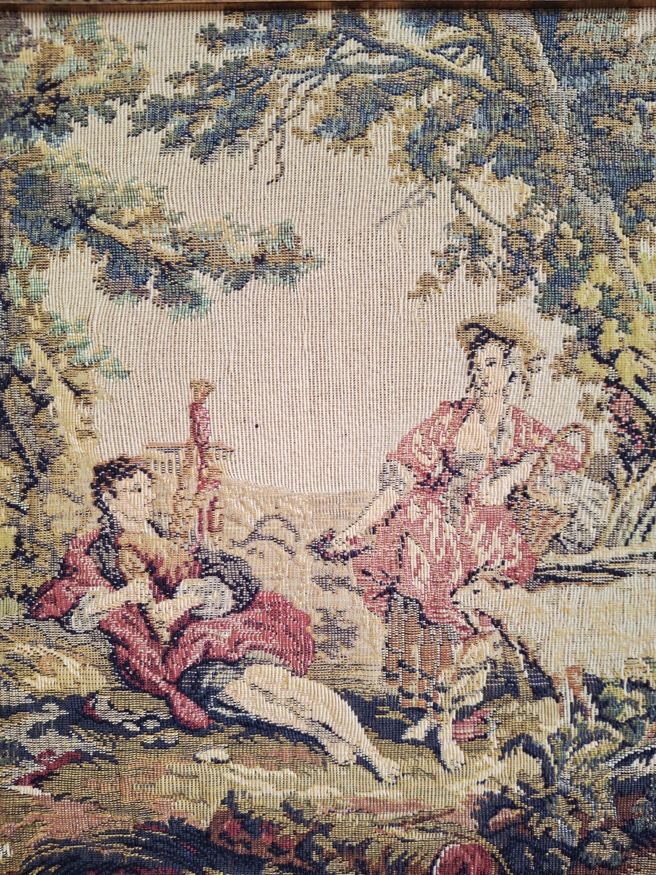 Pair of vintage French-style tapestry wall hangings, Rococo pastoral scenes, Romantic wall art