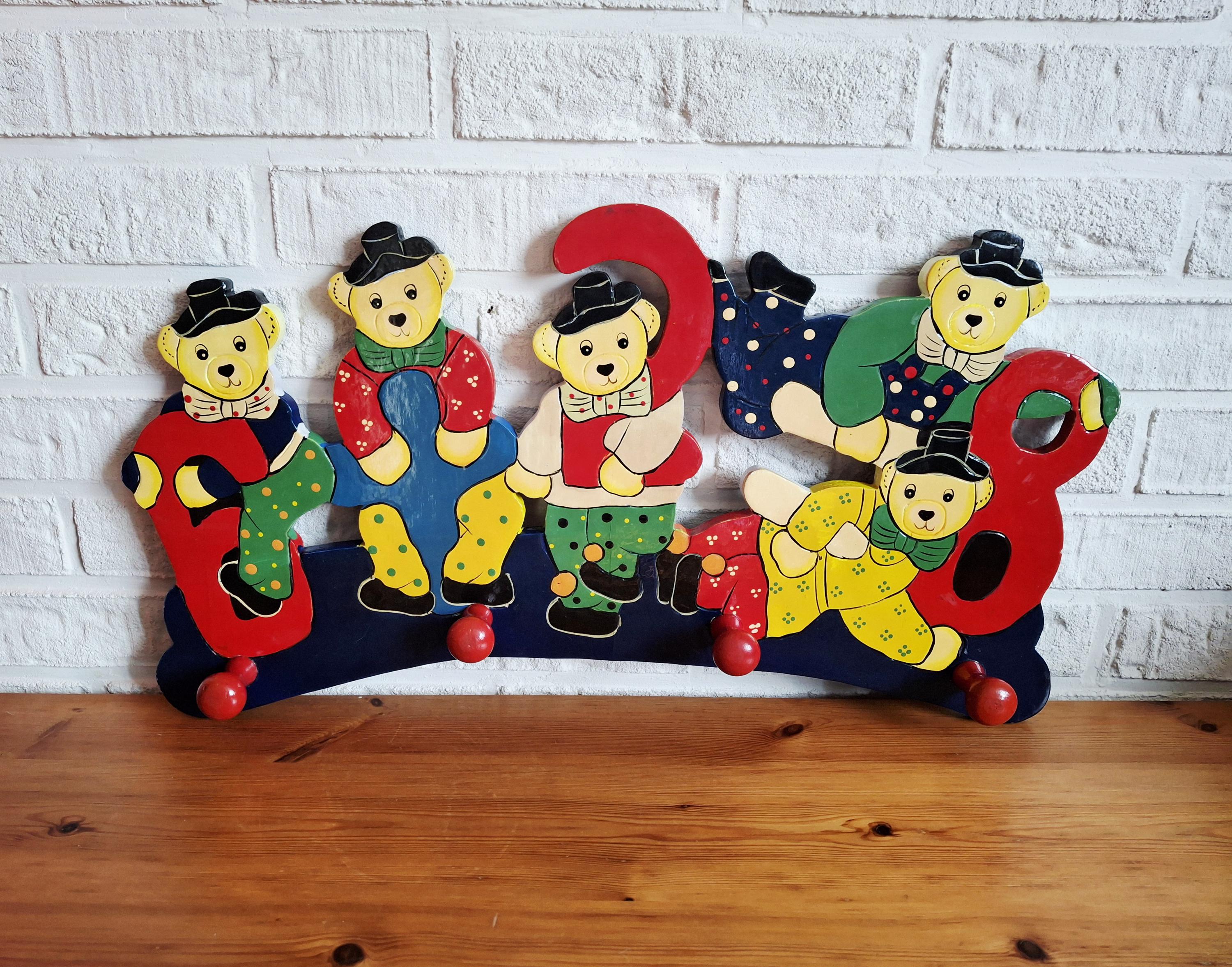 Vintage wooden wall hooks, Circus bears & clown coat rack set, Hand-painted children’s room decor