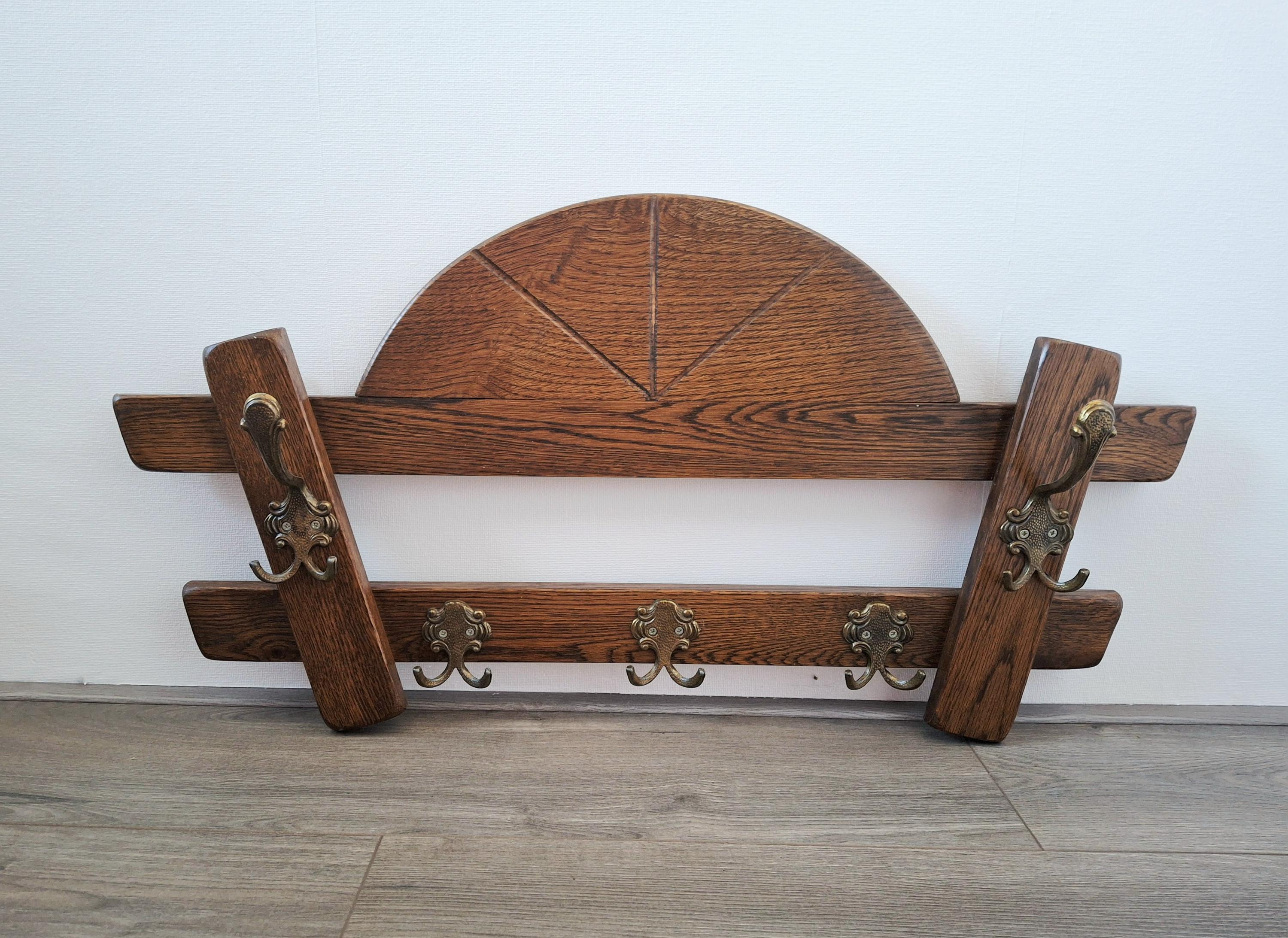 Oak wall coat rack with brass hooks, Art Deco coat holder