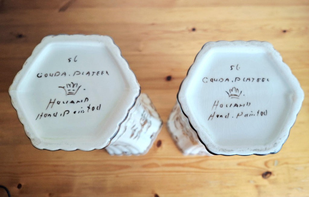 Pair of hand painted Gouda Plateel Holland Vases, Floral design, 31 cm
