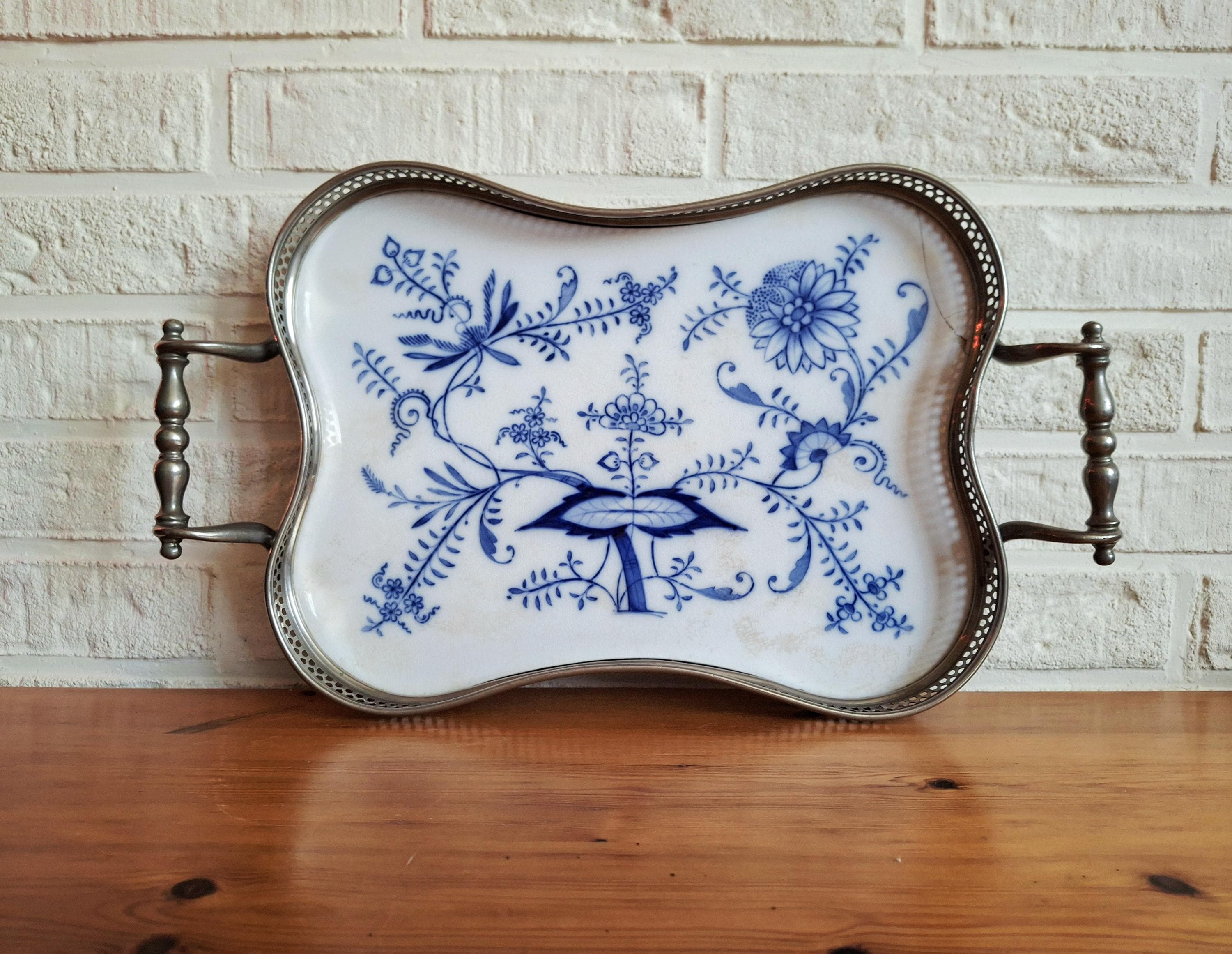 Vintage Delft Blue style porcelain and metal serving tray