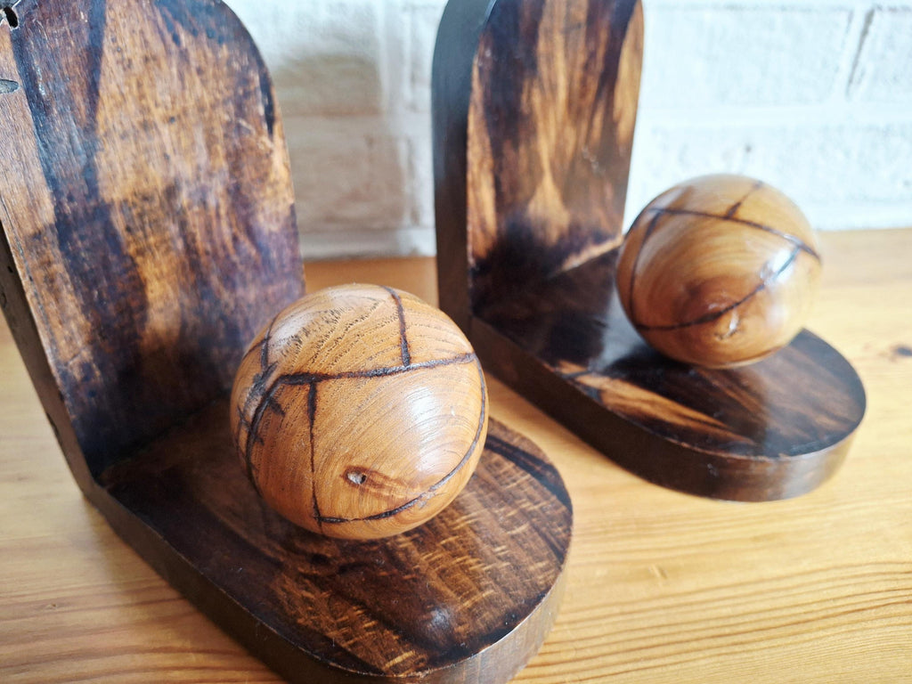 A Pair of oak bookends, Art deco bookends ball, Dutch wooden bookends with spheres