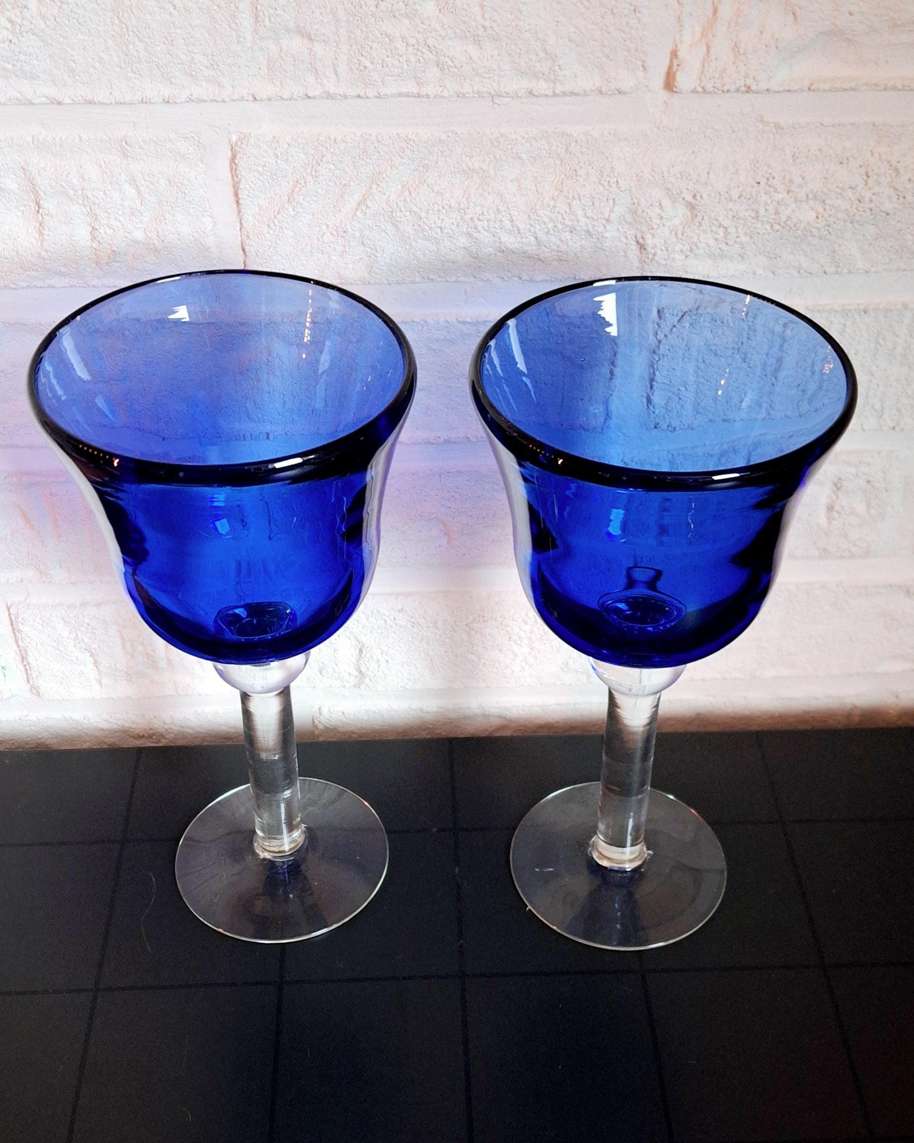Vintage cobalt blue glassware pair, Two thick wine glasses, Cobalt blue goblets