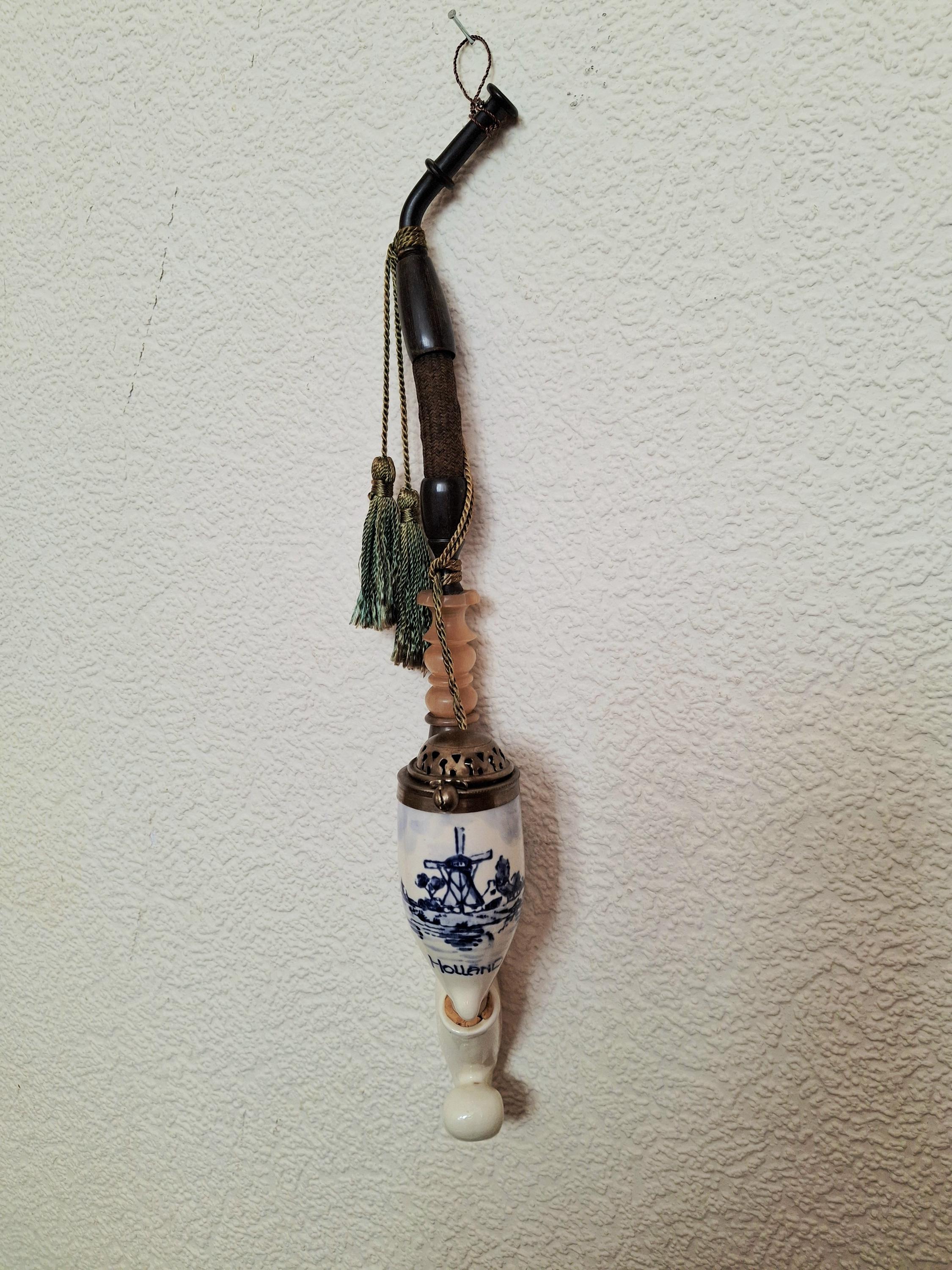 Dutch porcelain pipe with Delft Blue bowl and brass lid, Collectible Tobacco Pipe