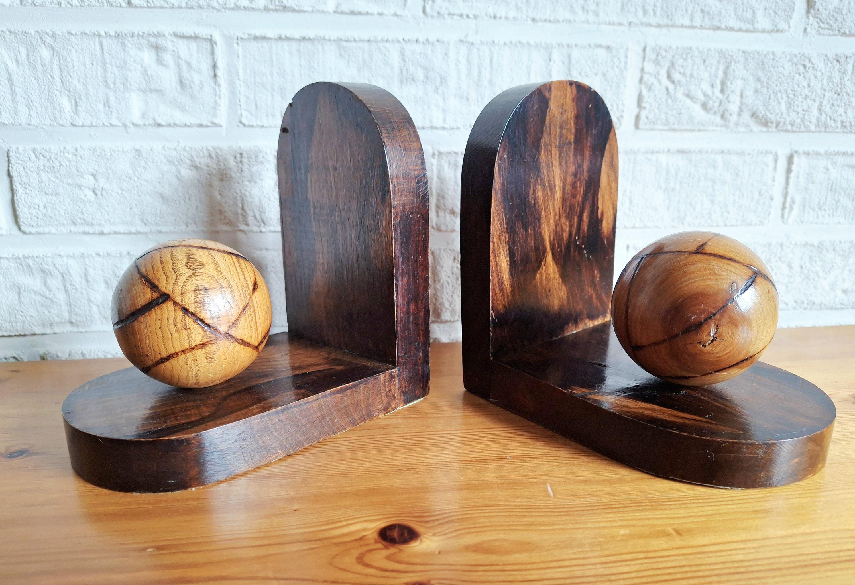 A Pair of oak bookends, Art deco bookends ball, Dutch wooden bookends with spheres