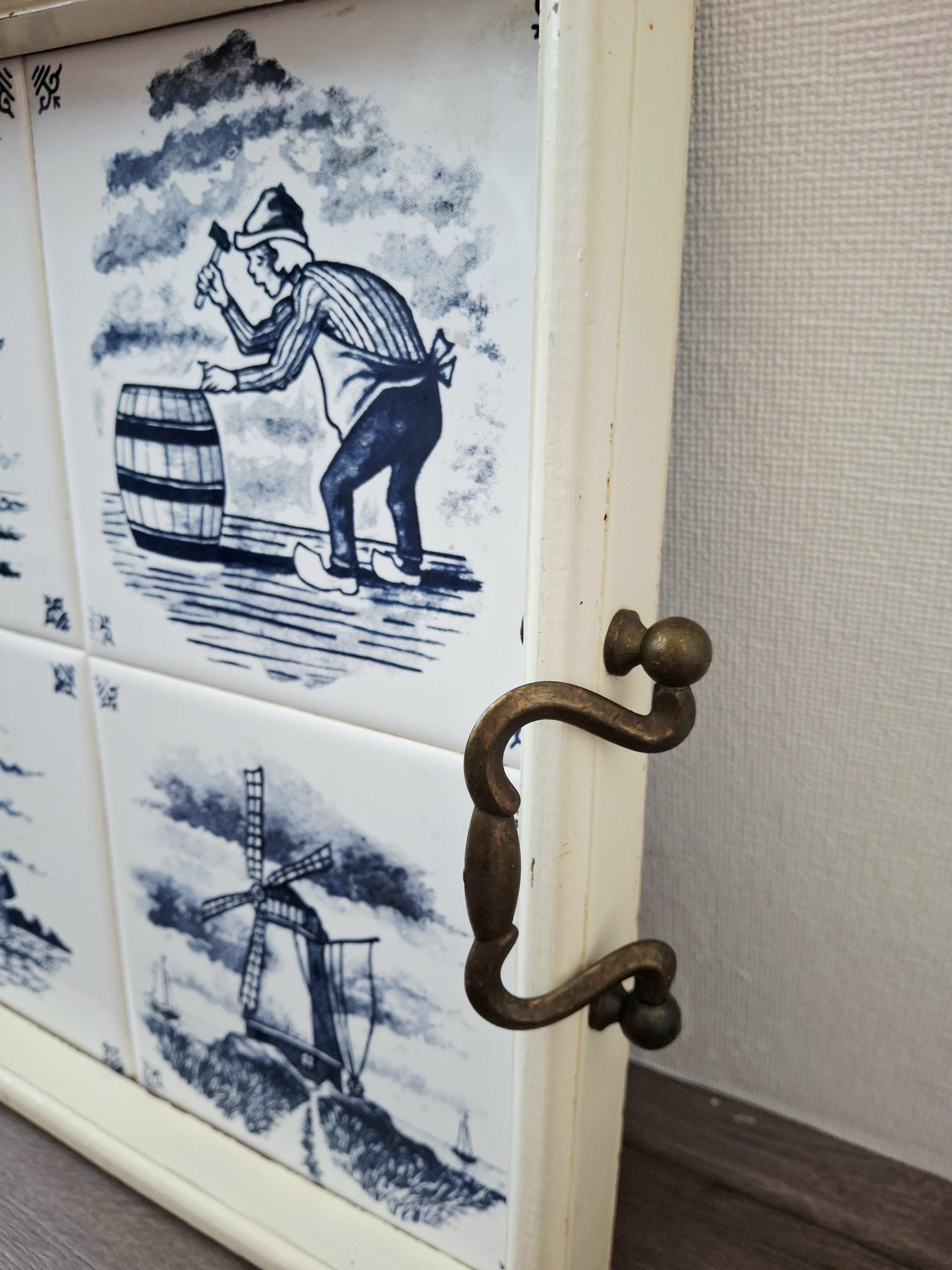 Dutch Delft tile serving tray with brass handles