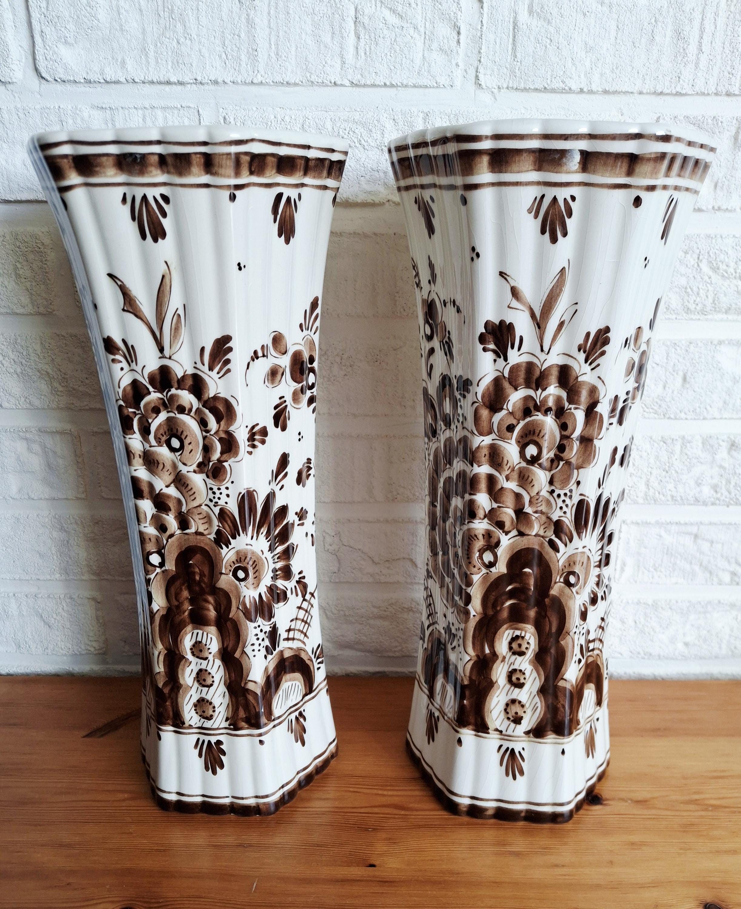Pair of hand painted Gouda Plateel Holland Vases, Floral design, 31 cm