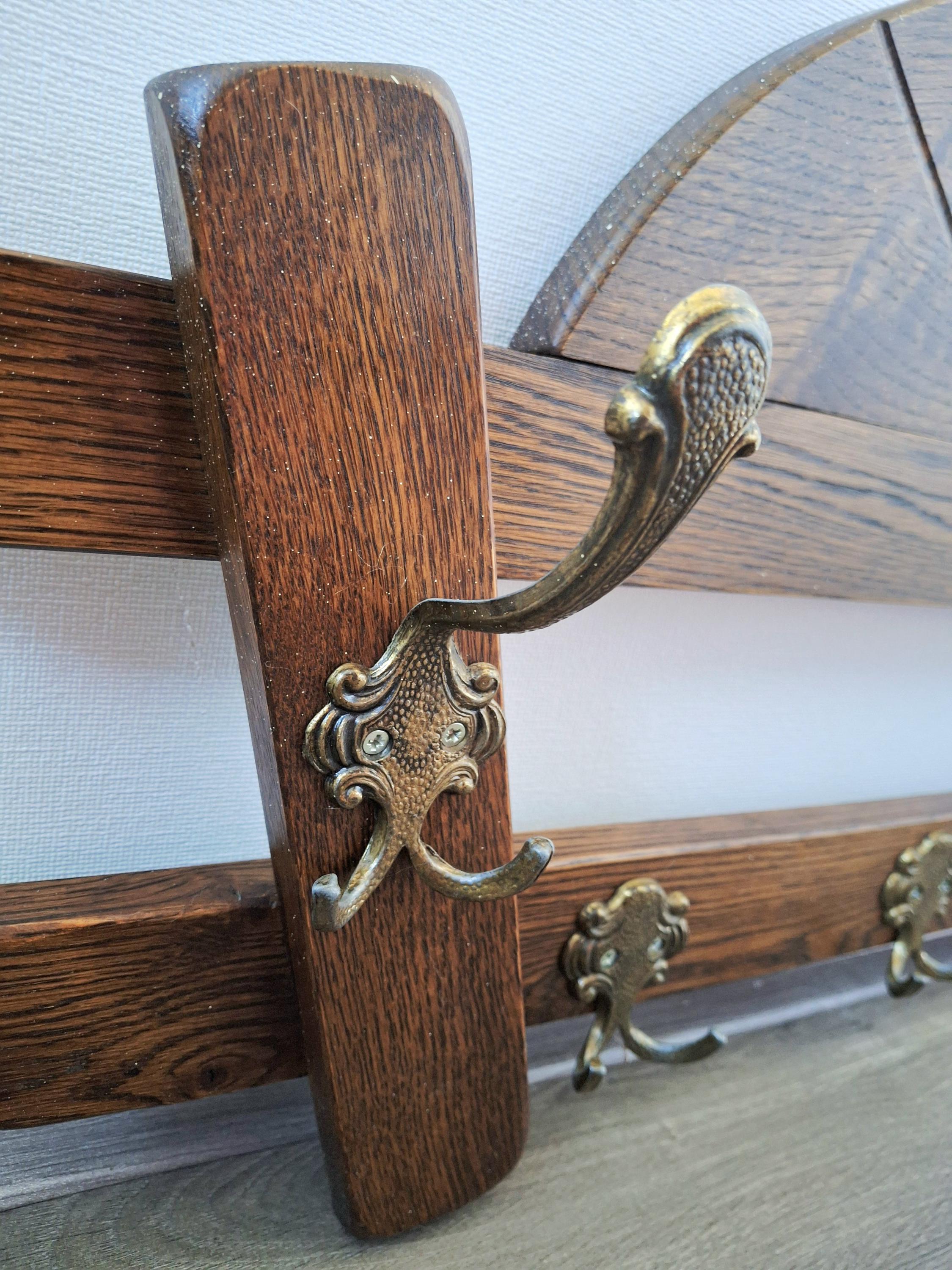 Oak wall coat rack with brass hooks, Art Deco coat holder