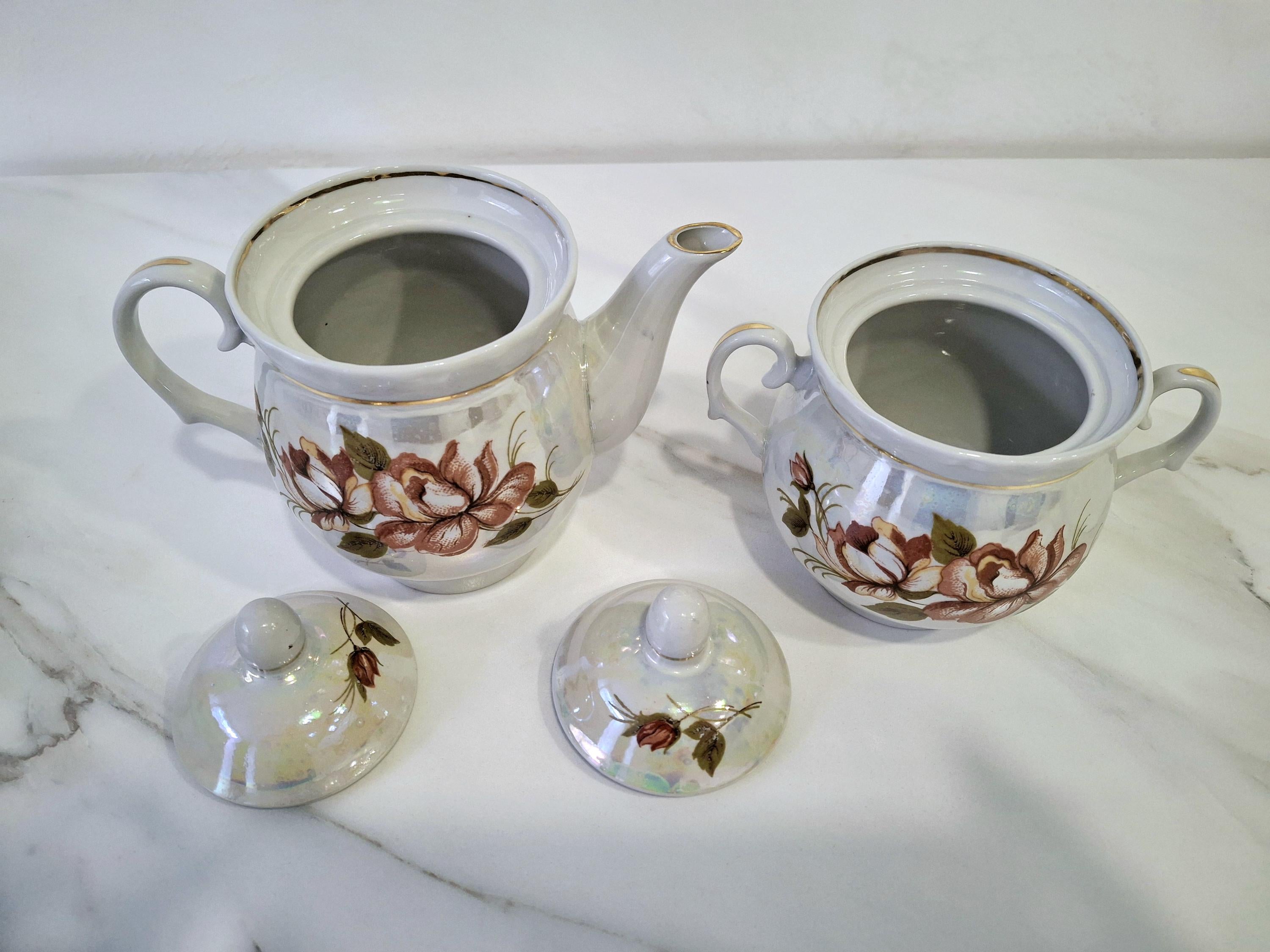 Vintage Baranivka porcelain tea set with gold trim and pearl glaze, Set for 12 person