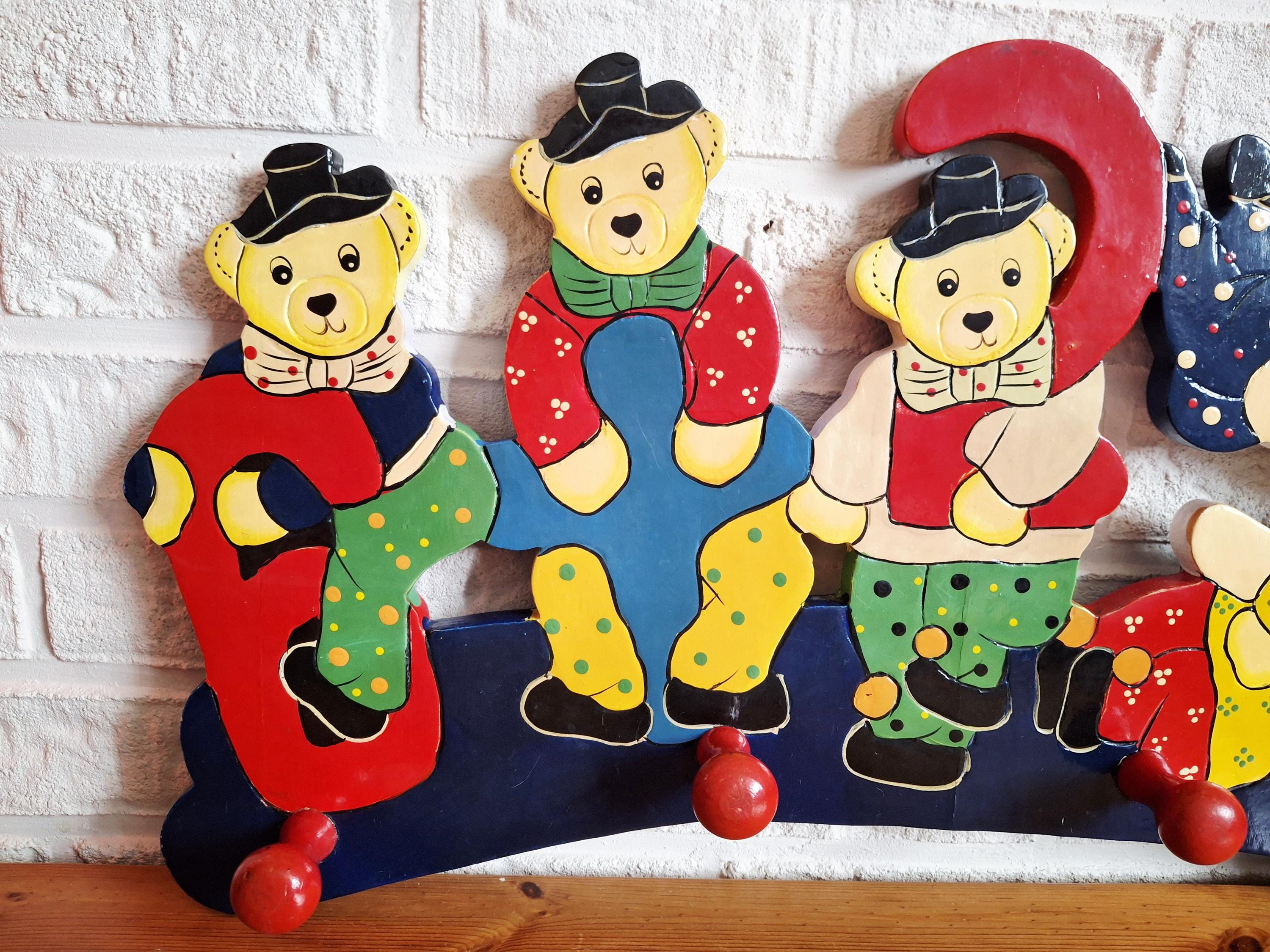 Vintage wooden wall hooks, Circus bears & clown coat rack set, Hand-painted children’s room decor