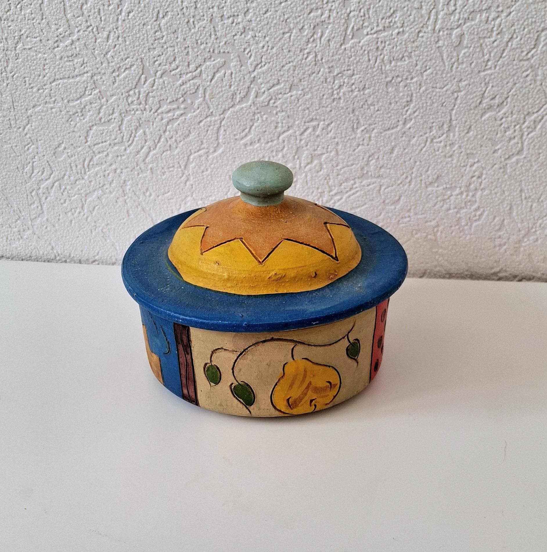 Hand painted ceramic lidded pot, Folk art kitchen decor