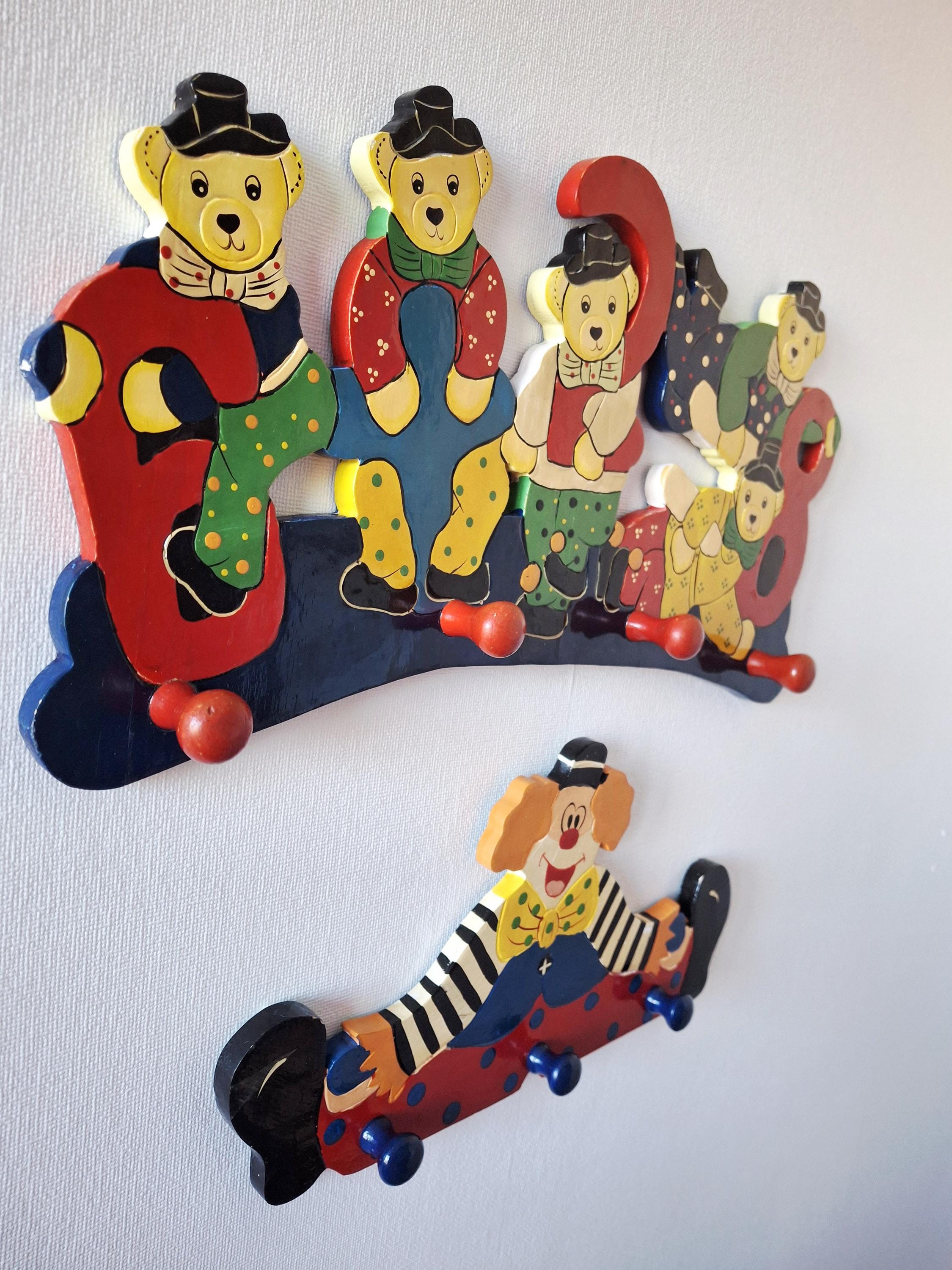 Vintage wooden wall hooks, Circus bears & clown coat rack set, Hand-painted children’s room decor