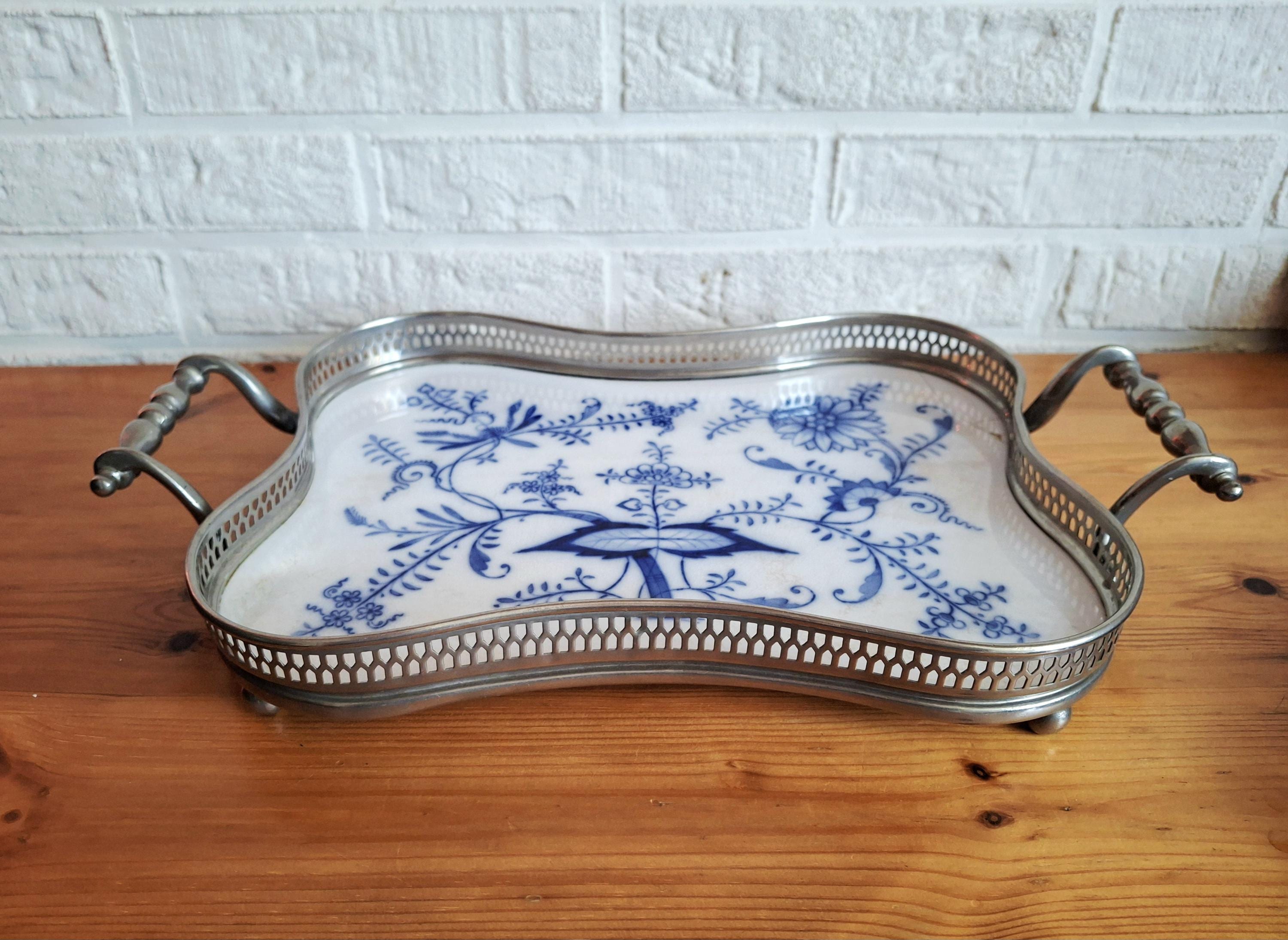 Vintage Delft Blue style porcelain and metal serving tray