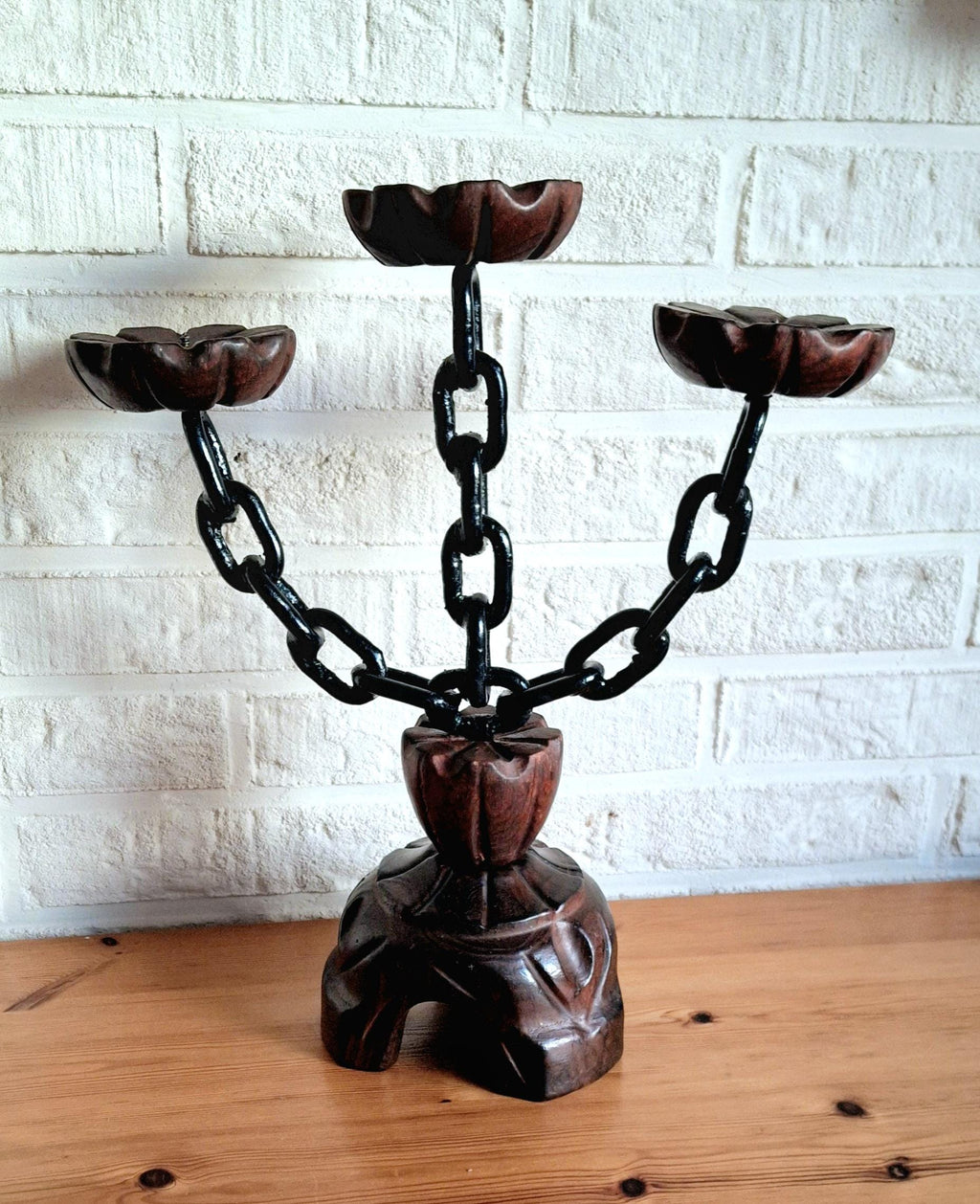 Vintage spanish wooden gothic candelabra, chain candlestick