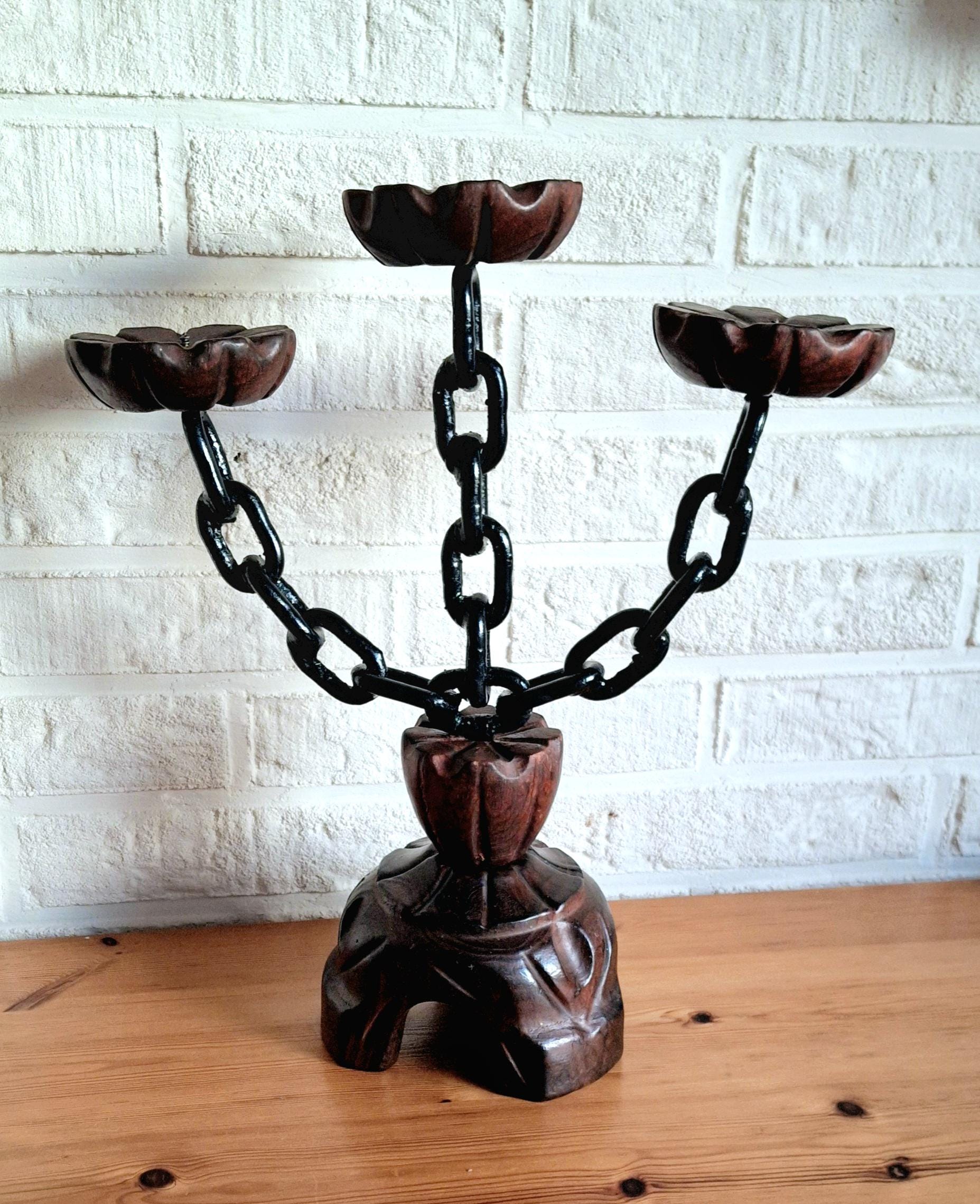 Vintage spanish wooden gothic candelabra, chain candlestick