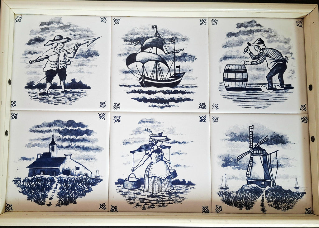 Dutch Delft tile serving tray with brass handles