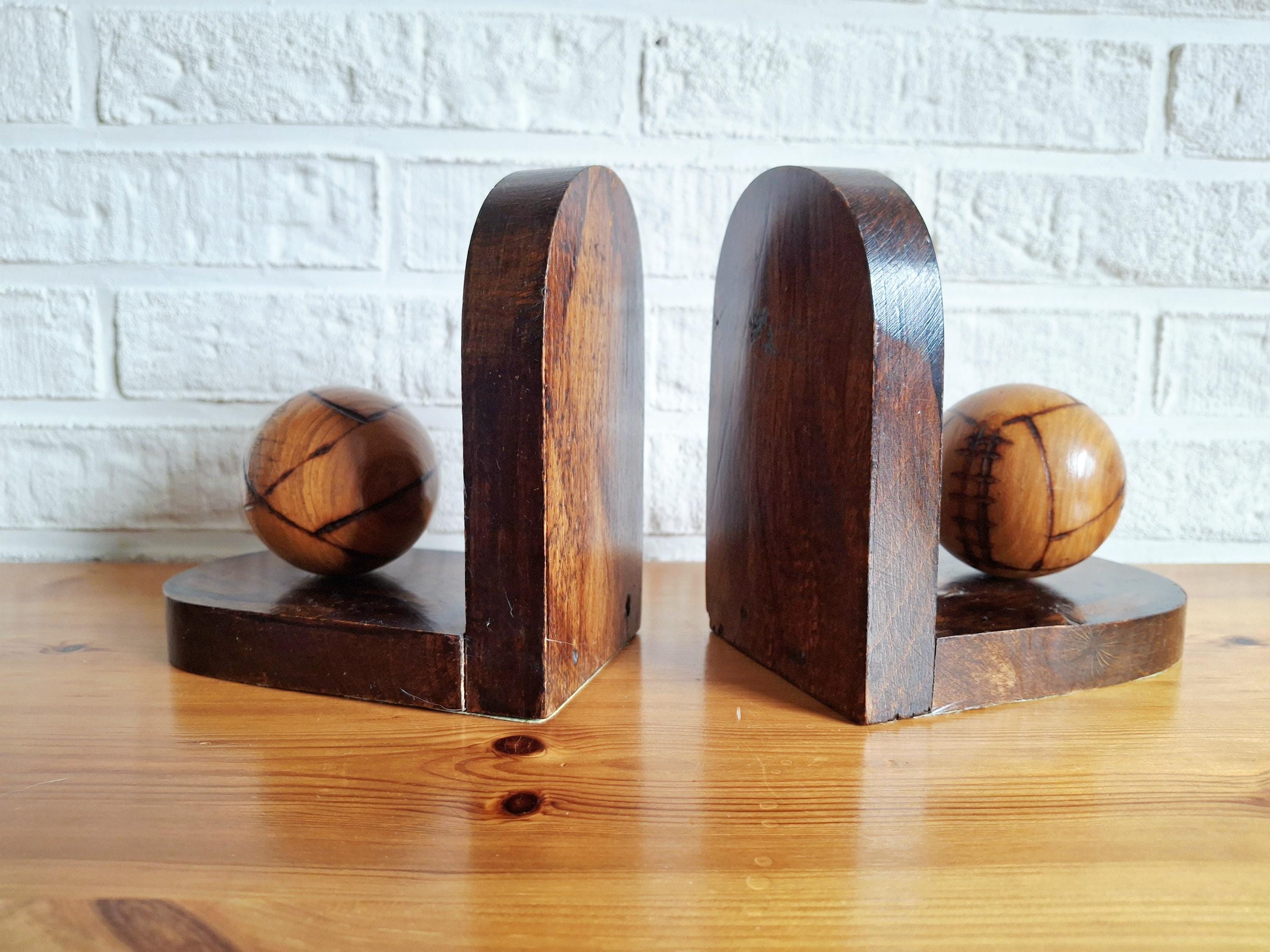 A Pair of oak bookends, Art deco bookends ball, Dutch wooden bookends with spheres