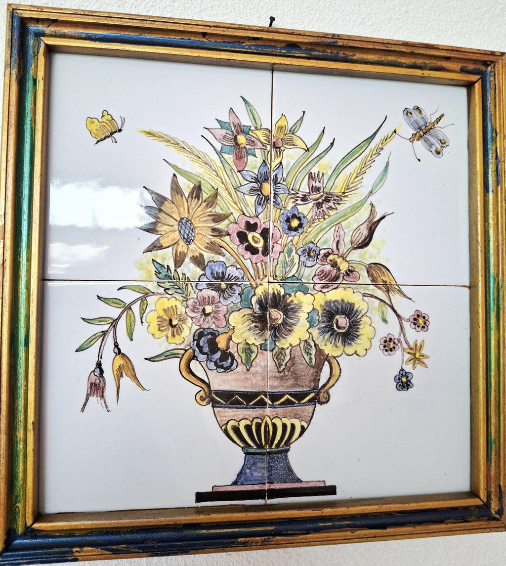 Delft tile panel, 4 tile tableau flowers in vase pot, Delft polychrome flower pot