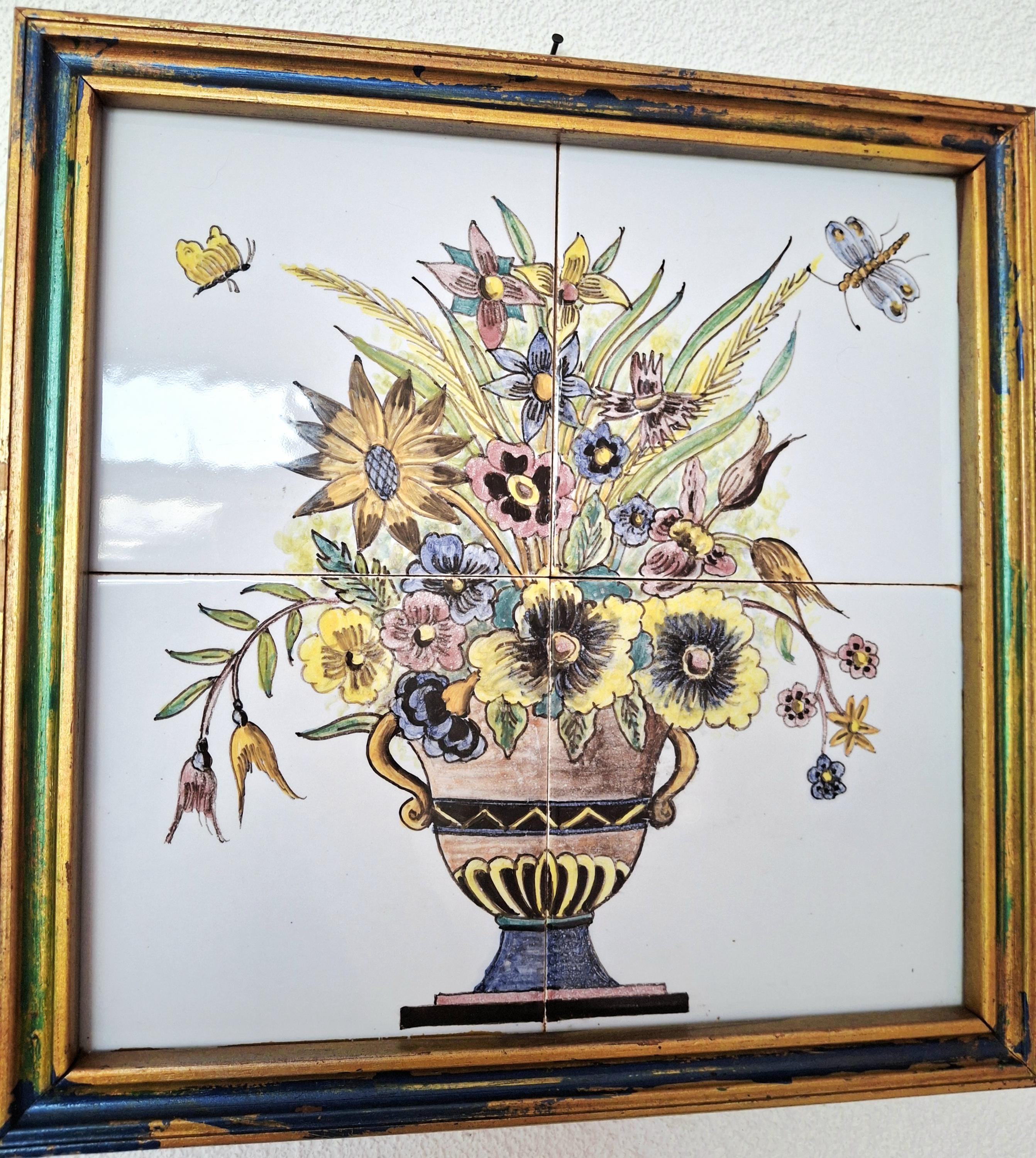 Delft tile panel, 4 tile tableau flowers in vase pot, Delft polychrome flower pot