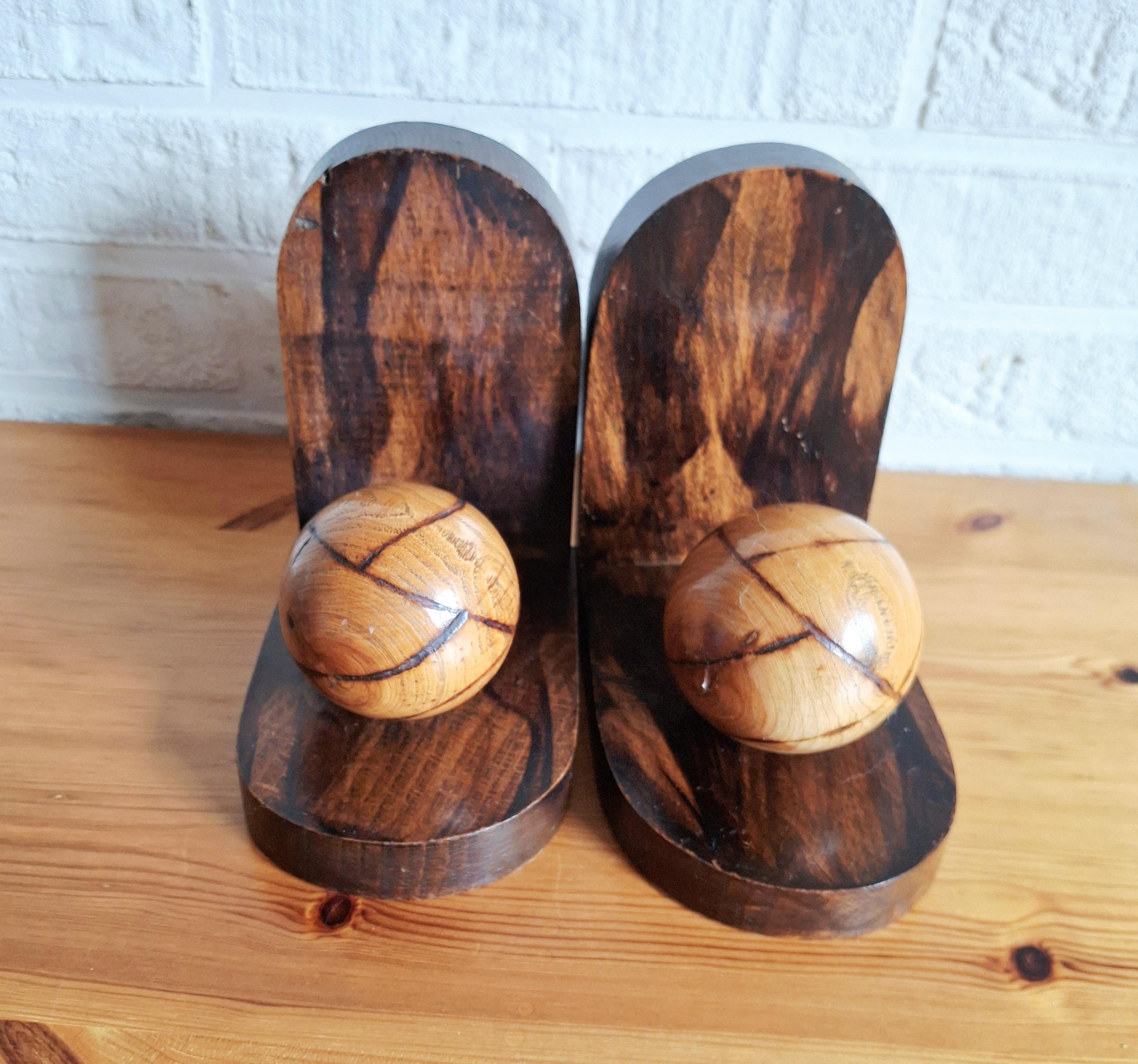 A Pair of oak bookends, Art deco bookends ball, Dutch wooden bookends with spheres