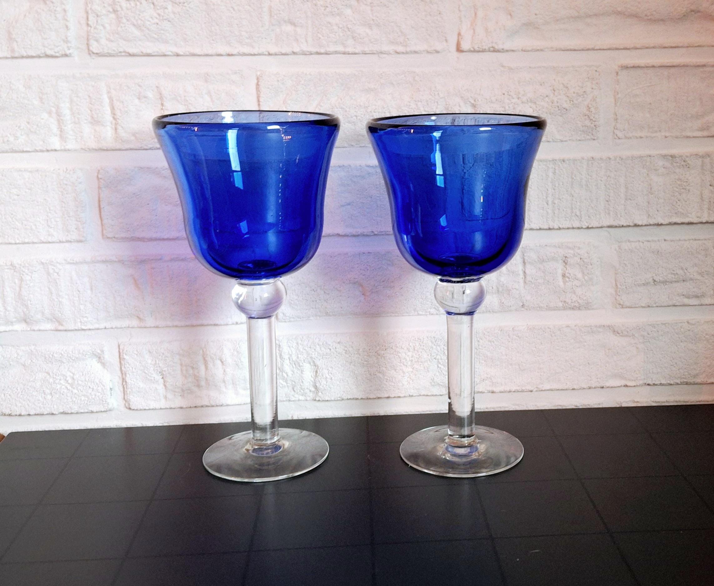 Vintage cobalt blue glassware pair, Two thick wine glasses, Cobalt blue goblets