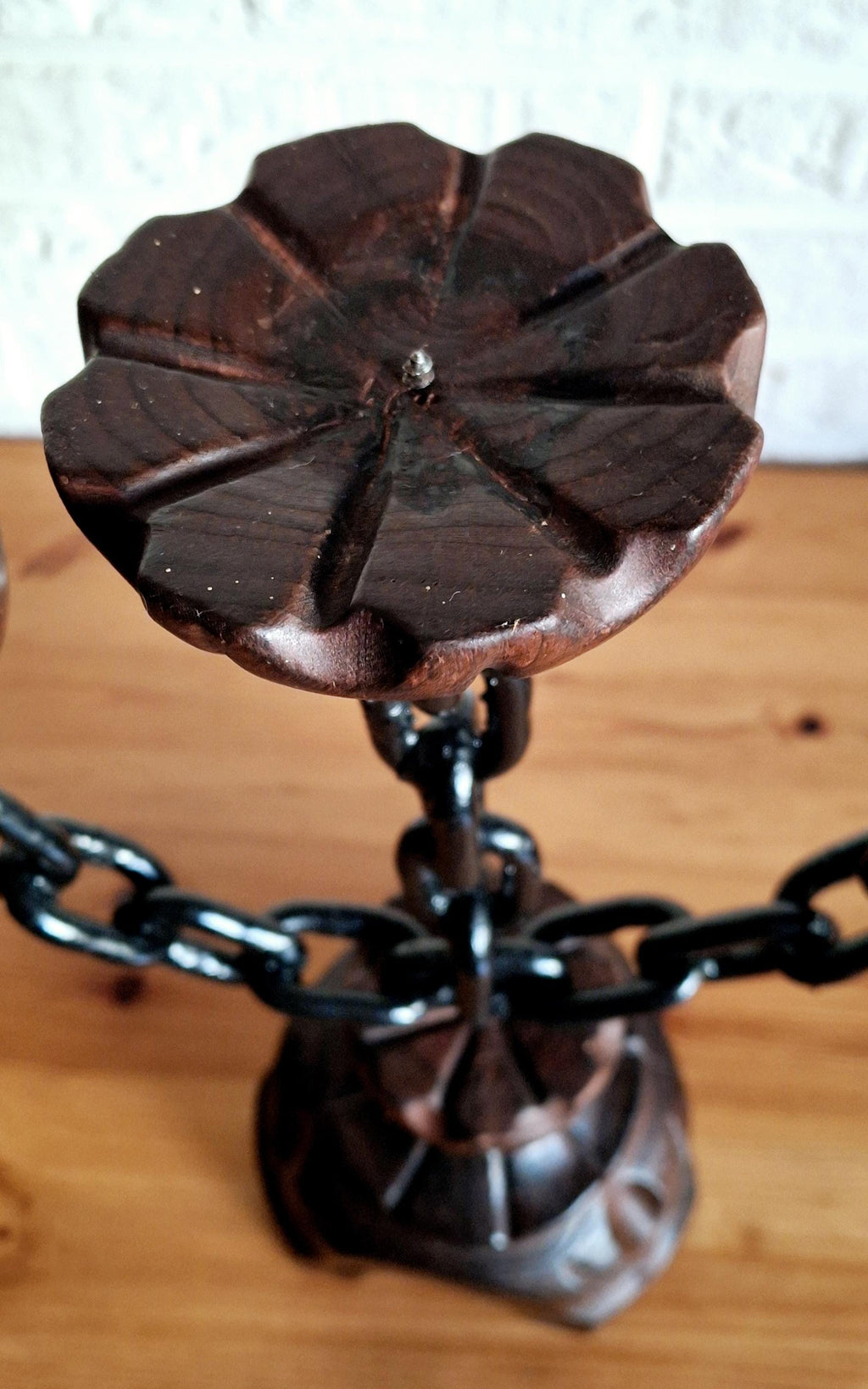 Vintage spanish wooden gothic candelabra, chain candlestick