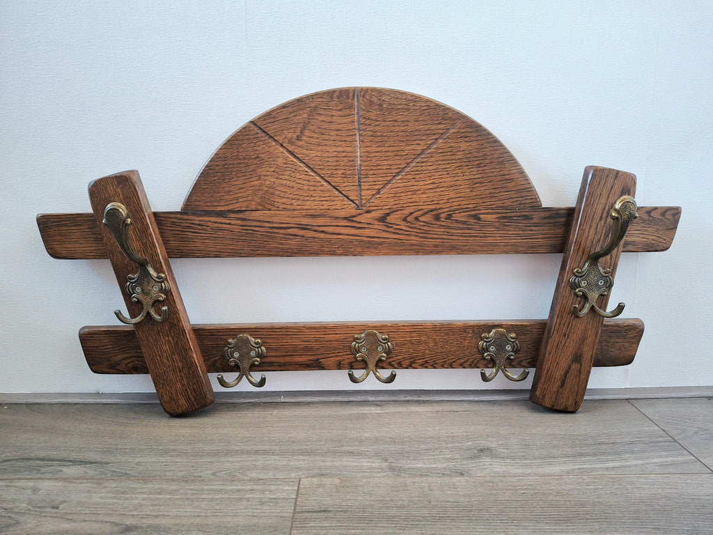 Oak wall coat rack with brass hooks, Art Deco coat holder