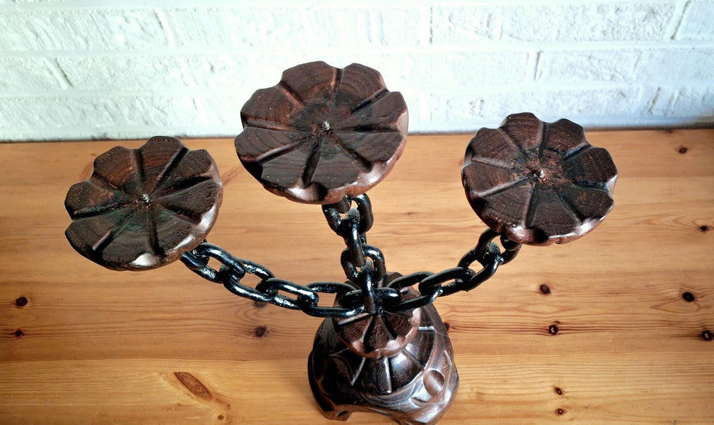 Vintage spanish wooden gothic candelabra, chain candlestick