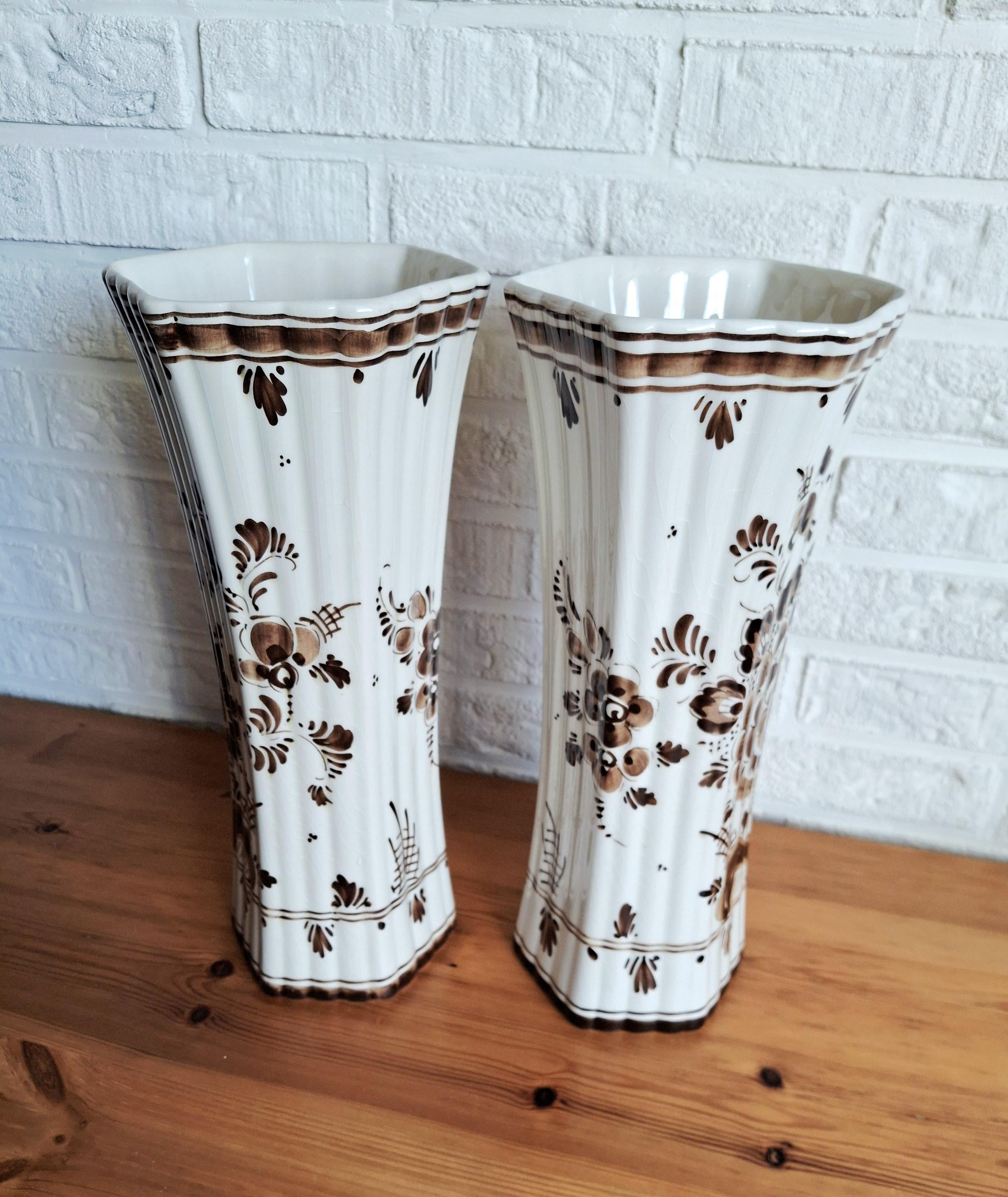 Pair of hand painted Gouda Plateel Holland Vases, Floral design, 31 cm