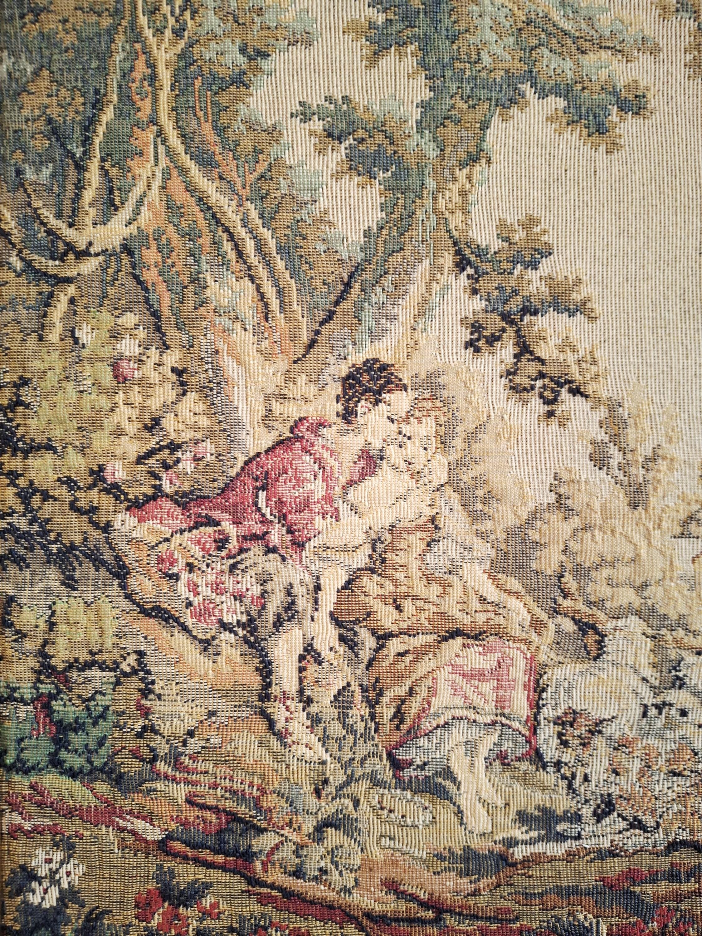 Pair of vintage French-style tapestry wall hangings, Rococo pastoral scenes, Romantic wall art