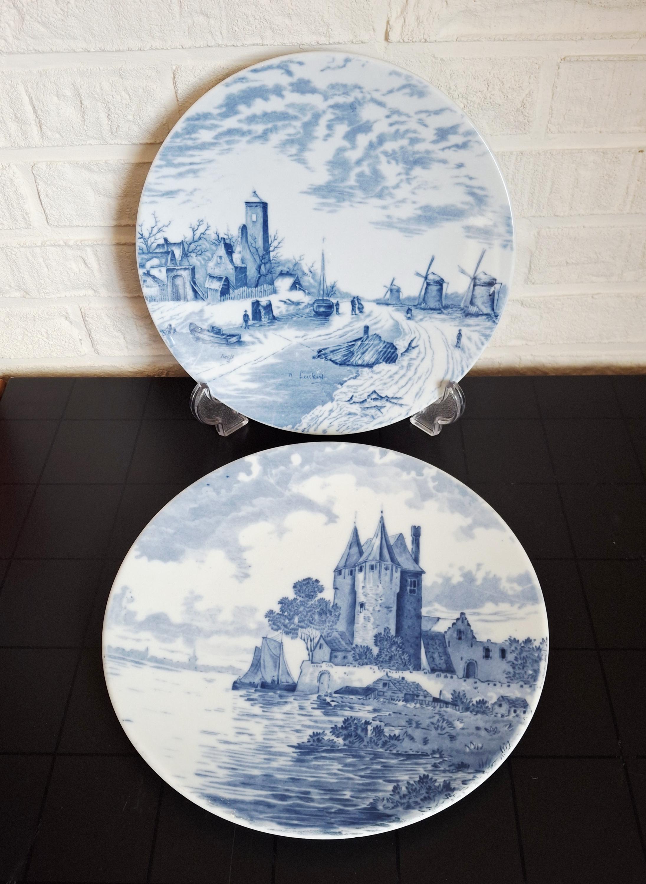 Set of 2 antique Delft-style plates by Mosa Maastricht, Dutch blue and white pottery