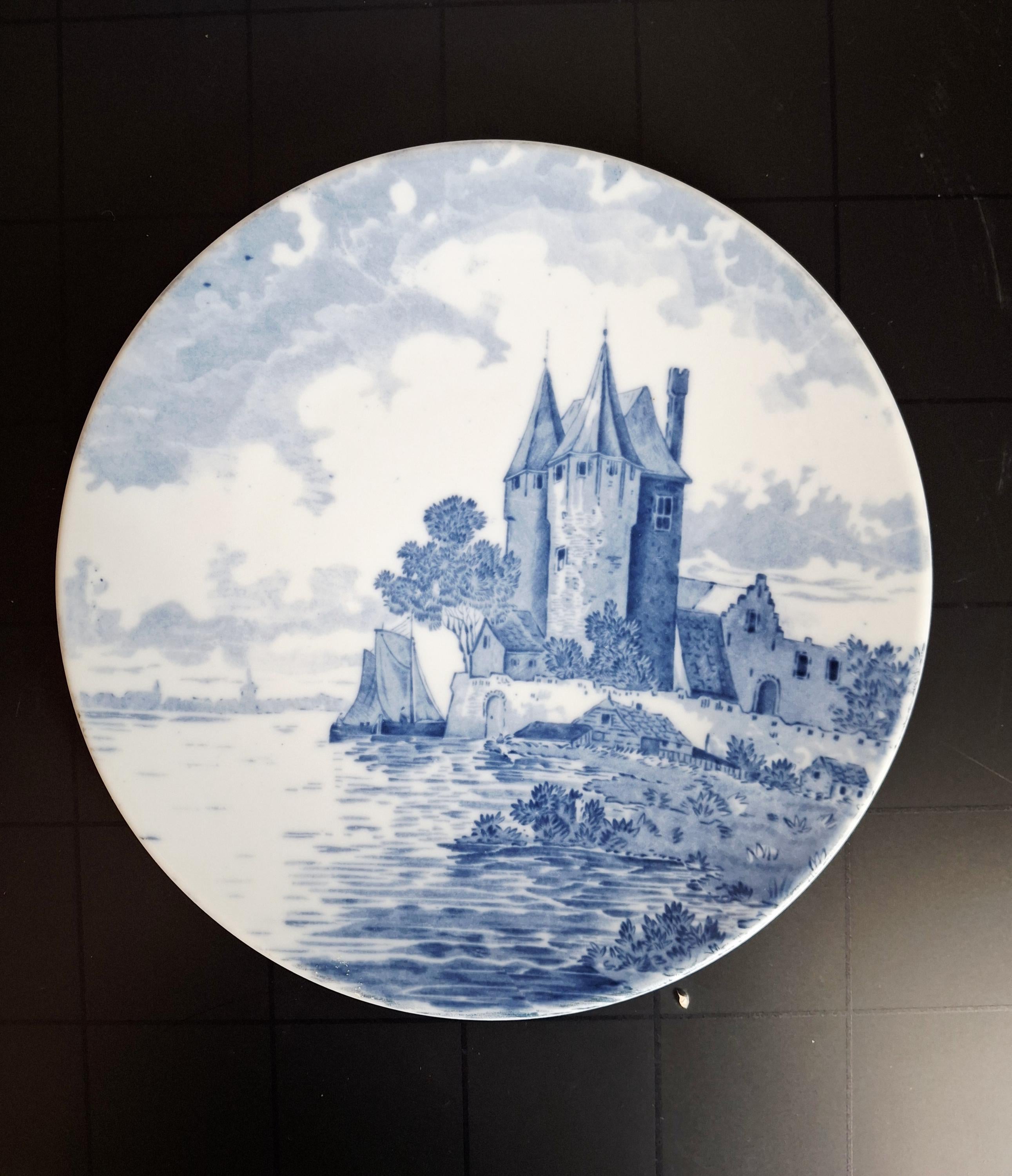 Set of 2 antique Delft-style plates by Mosa Maastricht, Dutch blue and white pottery