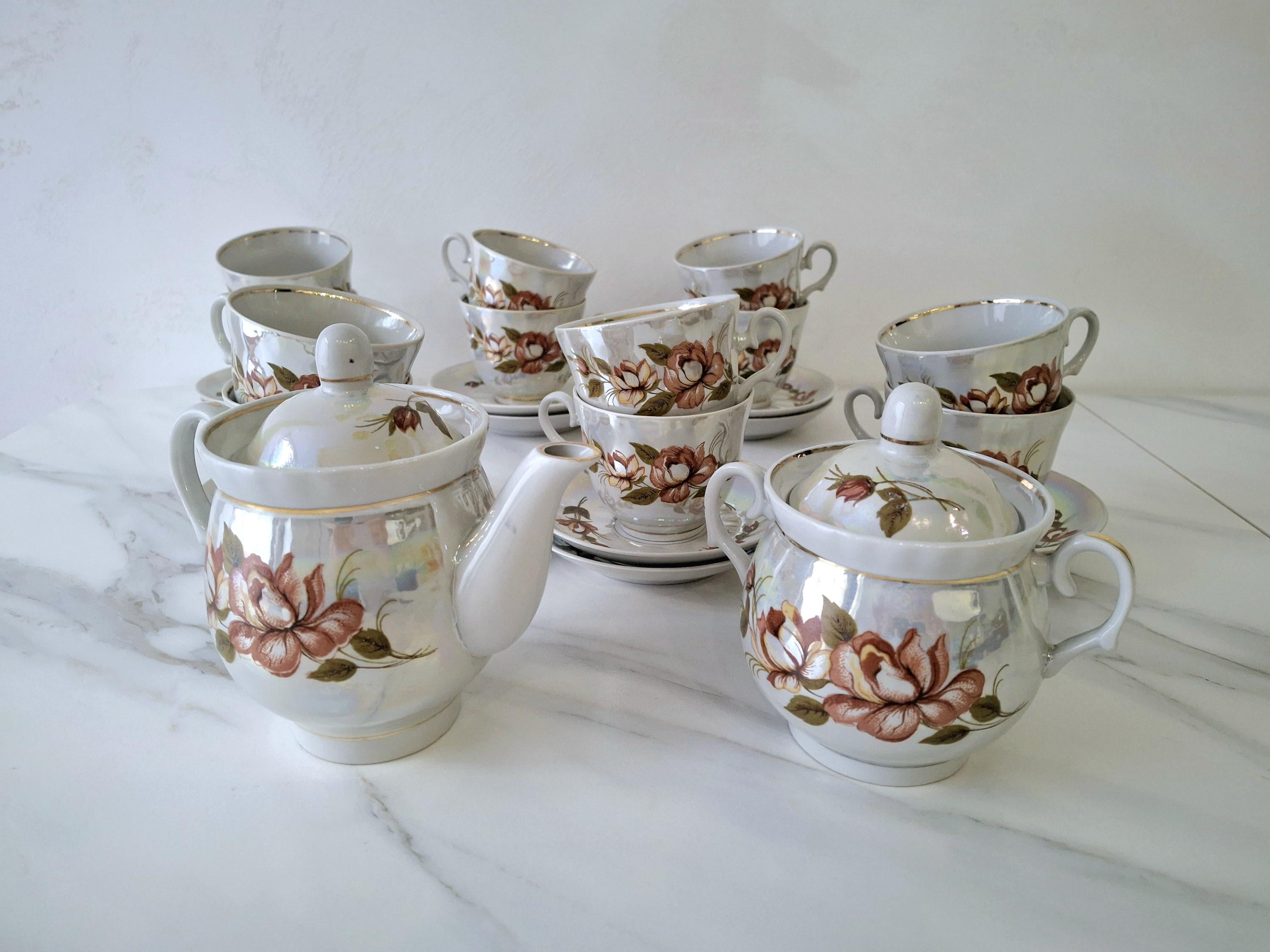 Vintage Baranivka porcelain tea set with gold trim and pearl glaze, Set for 12 person