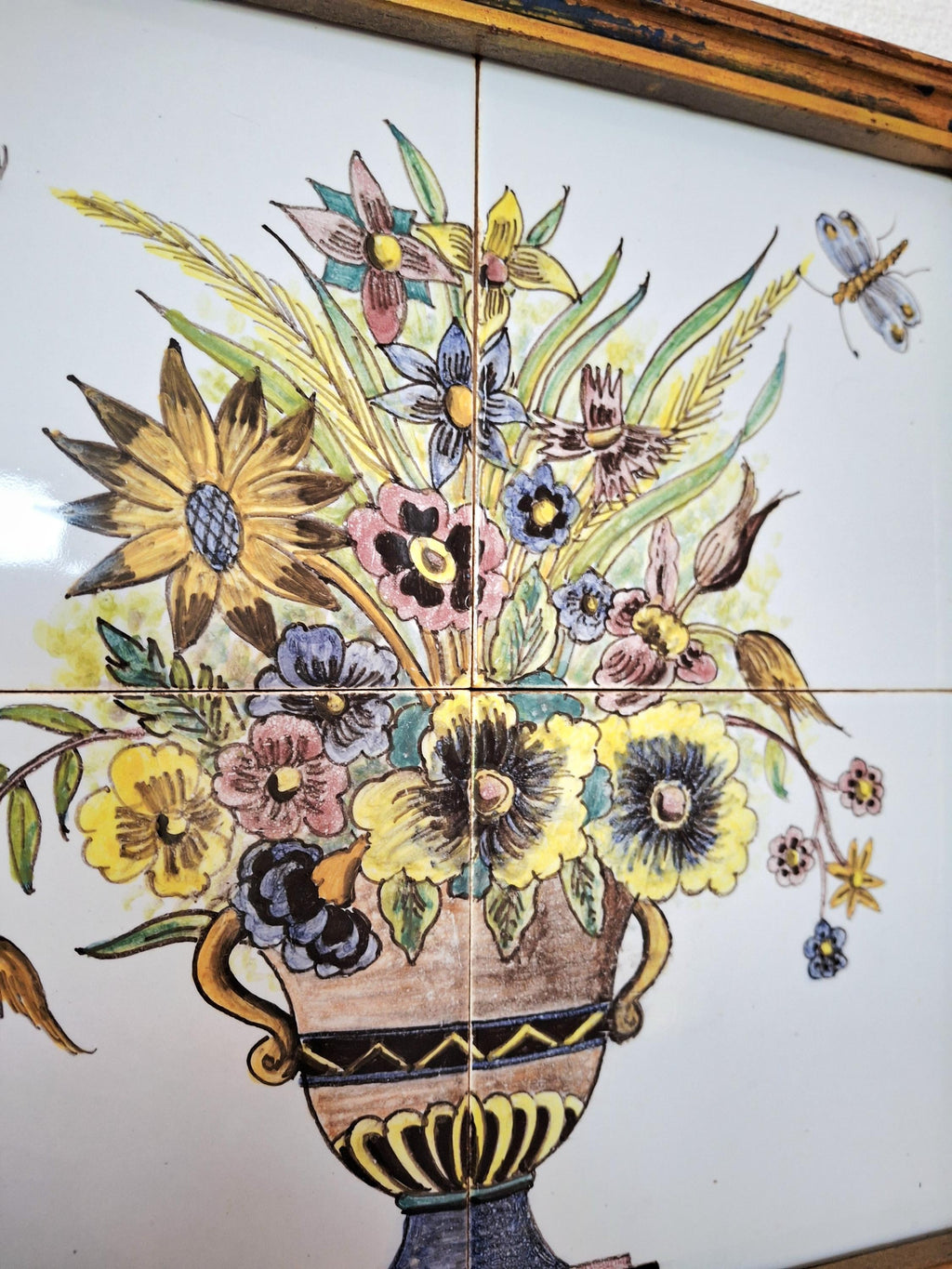 Delft tile panel, 4 tile tableau flowers in vase pot, Delft polychrome flower pot