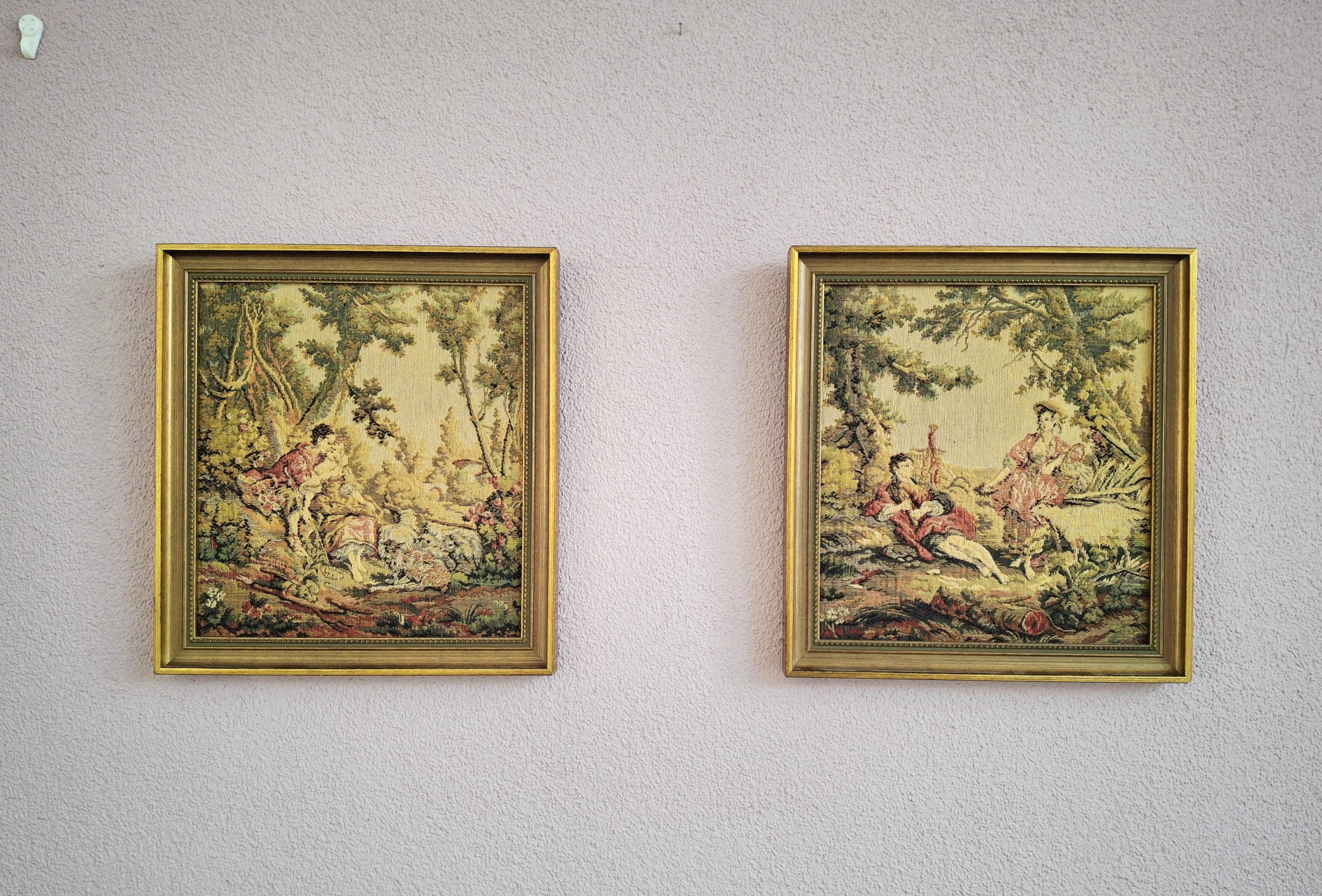 Pair of vintage French-style tapestry wall hangings, Rococo pastoral scenes, Romantic wall art