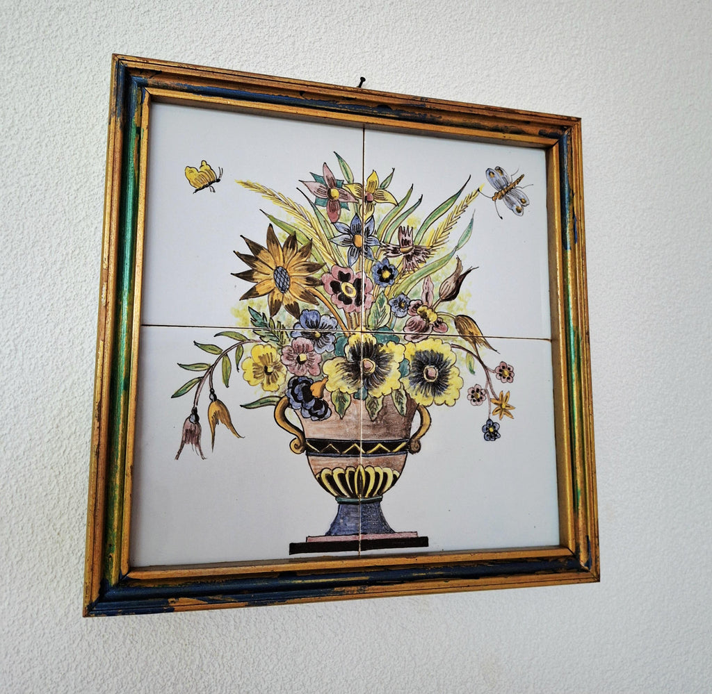 Delft tile panel, 4 tile tableau flowers in vase pot, Delft polychrome flower pot