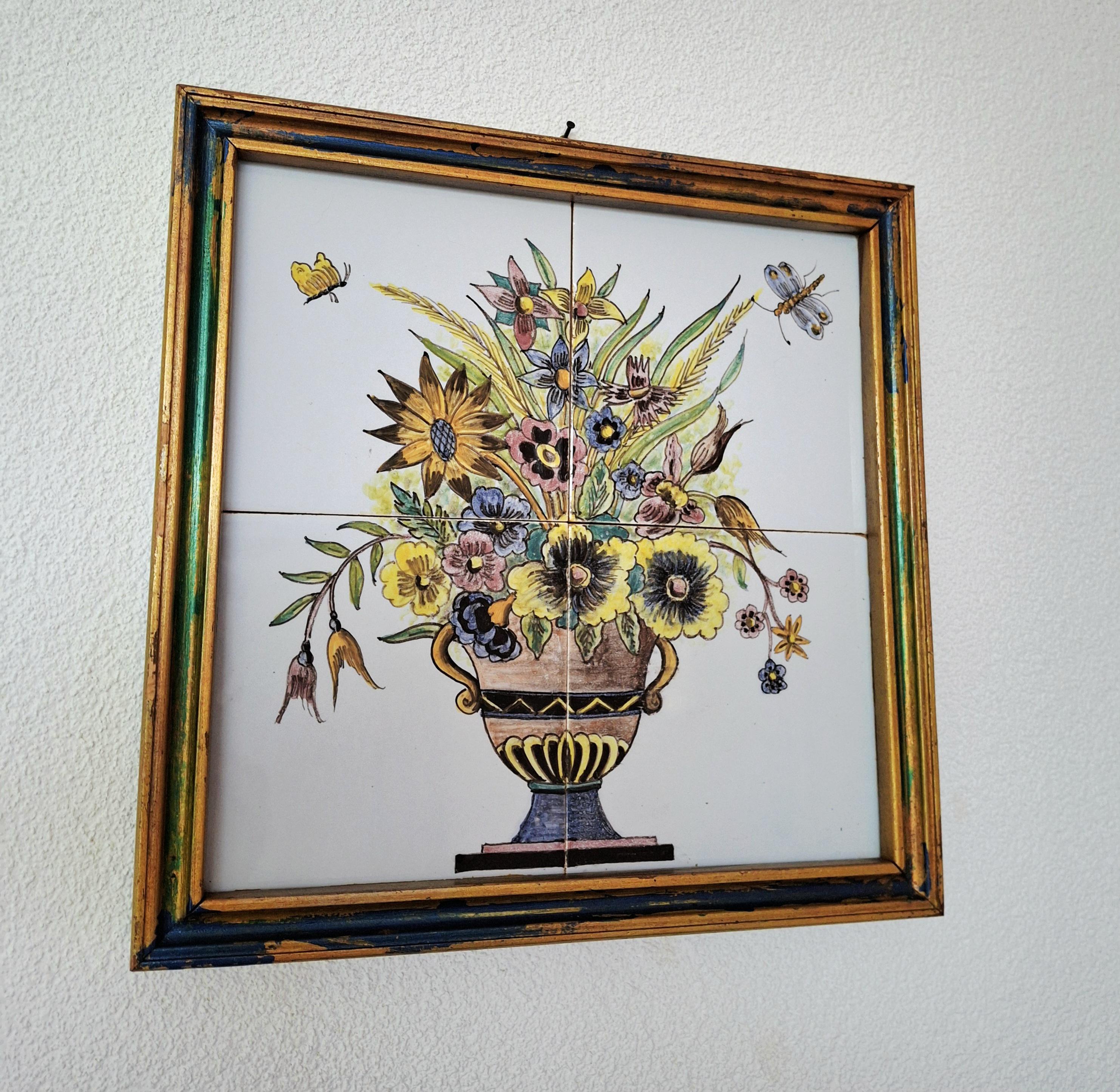 Delft tile panel, 4 tile tableau flowers in vase pot, Delft polychrome flower pot