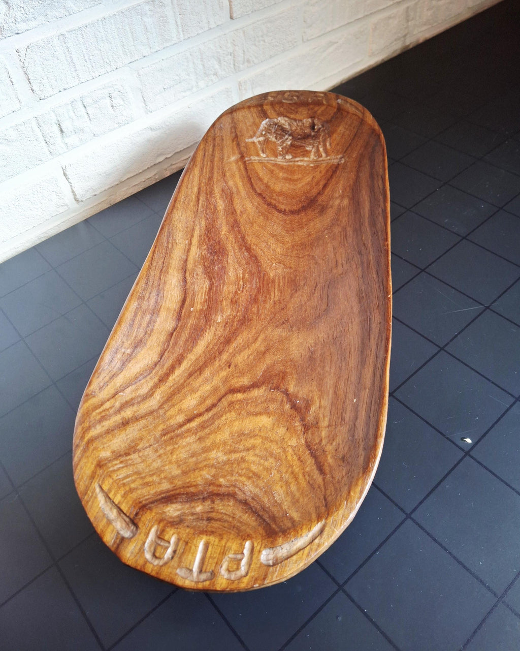 Hand-carved African kiaat bowl with elephant, Pretoria wooden centerpiece