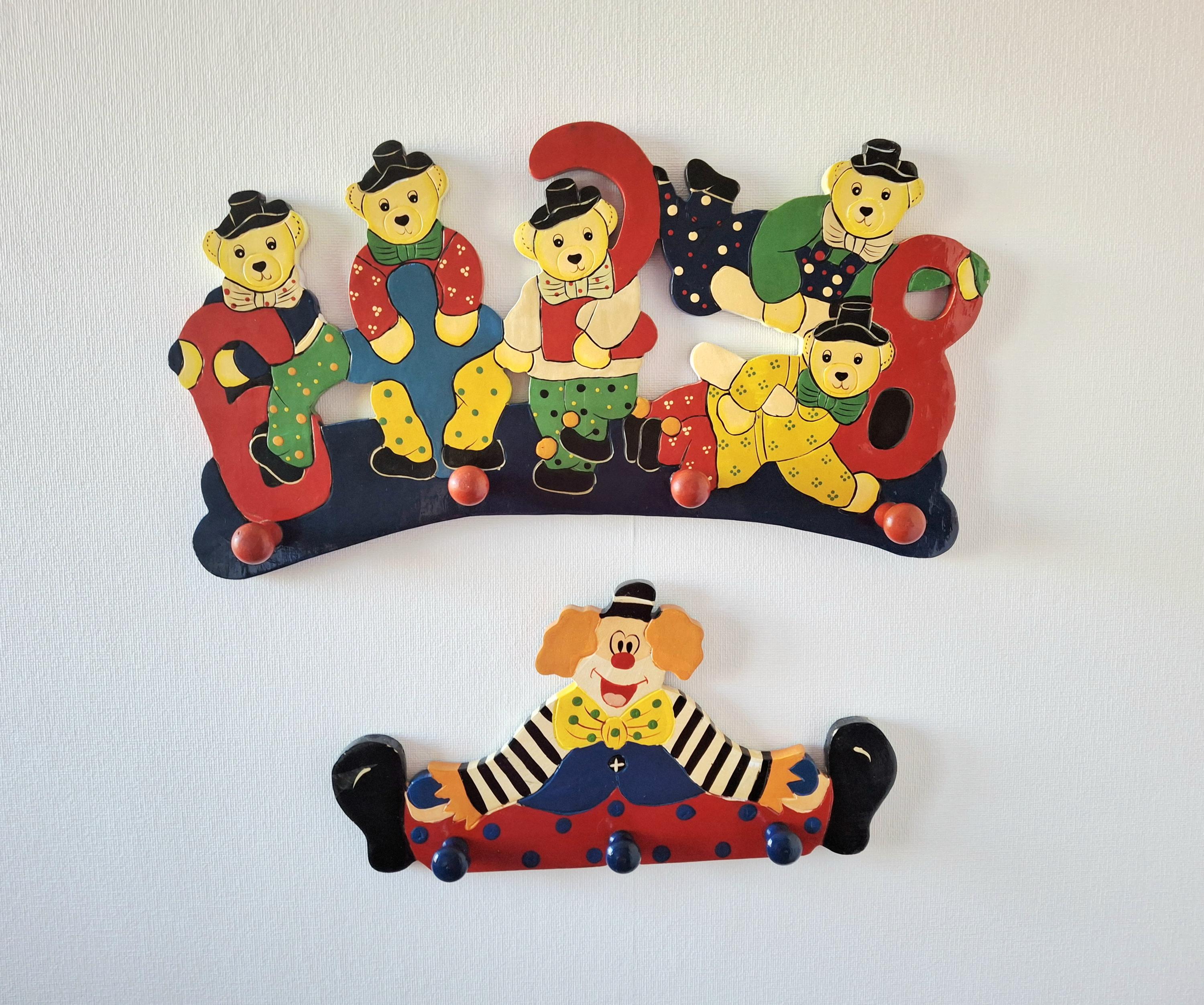 Vintage wooden wall hooks, Circus bears & clown coat rack set, Hand-painted children’s room decor