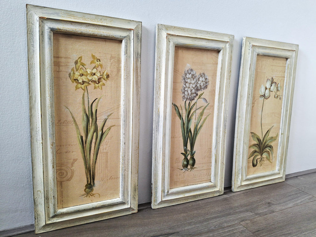 Set of three framed botanical wall art pieces on textured paper, Cheri blum vintage