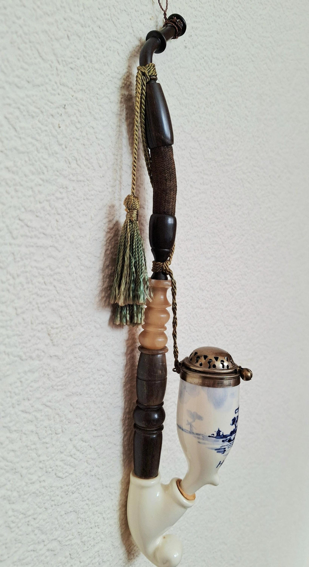Dutch porcelain pipe with Delft Blue bowl and brass lid, Collectible Tobacco Pipe
