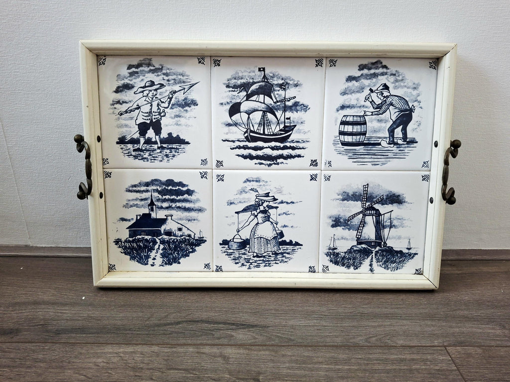 Dutch Delft tile serving tray with brass handles