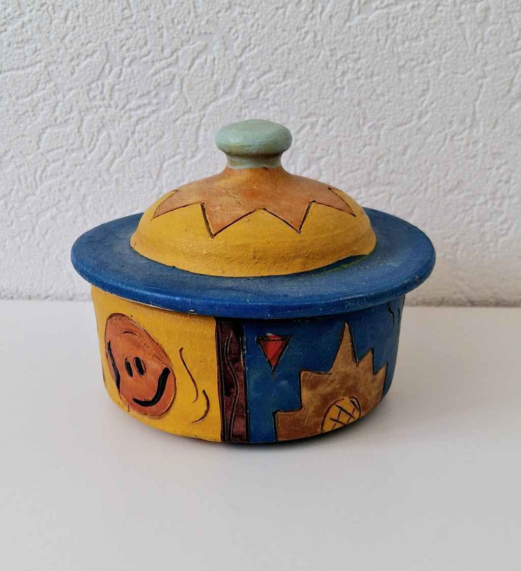 Hand painted ceramic lidded pot, Folk art kitchen decor