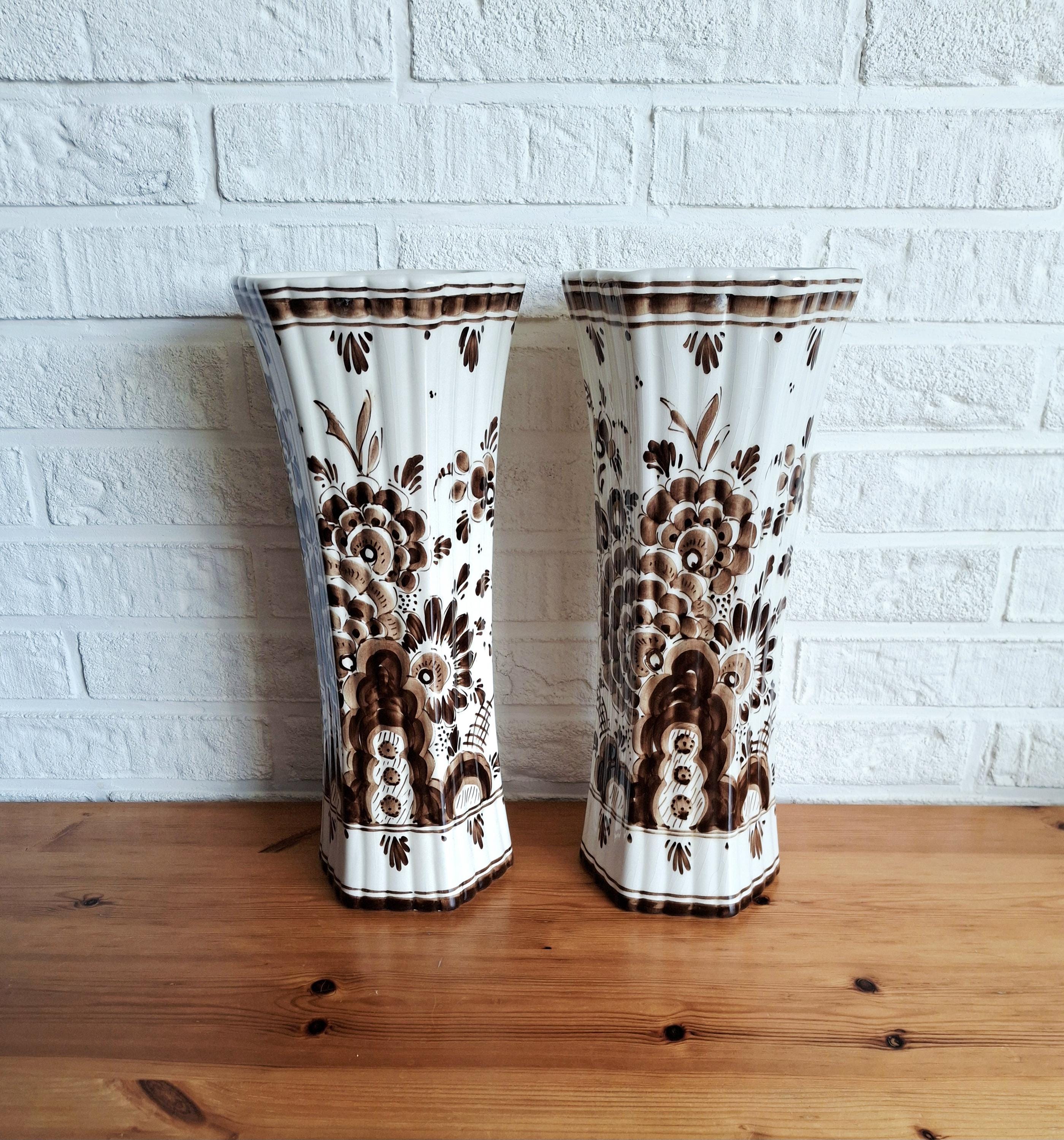 Pair of hand painted Gouda Plateel Holland Vases, Floral design, 31 cm