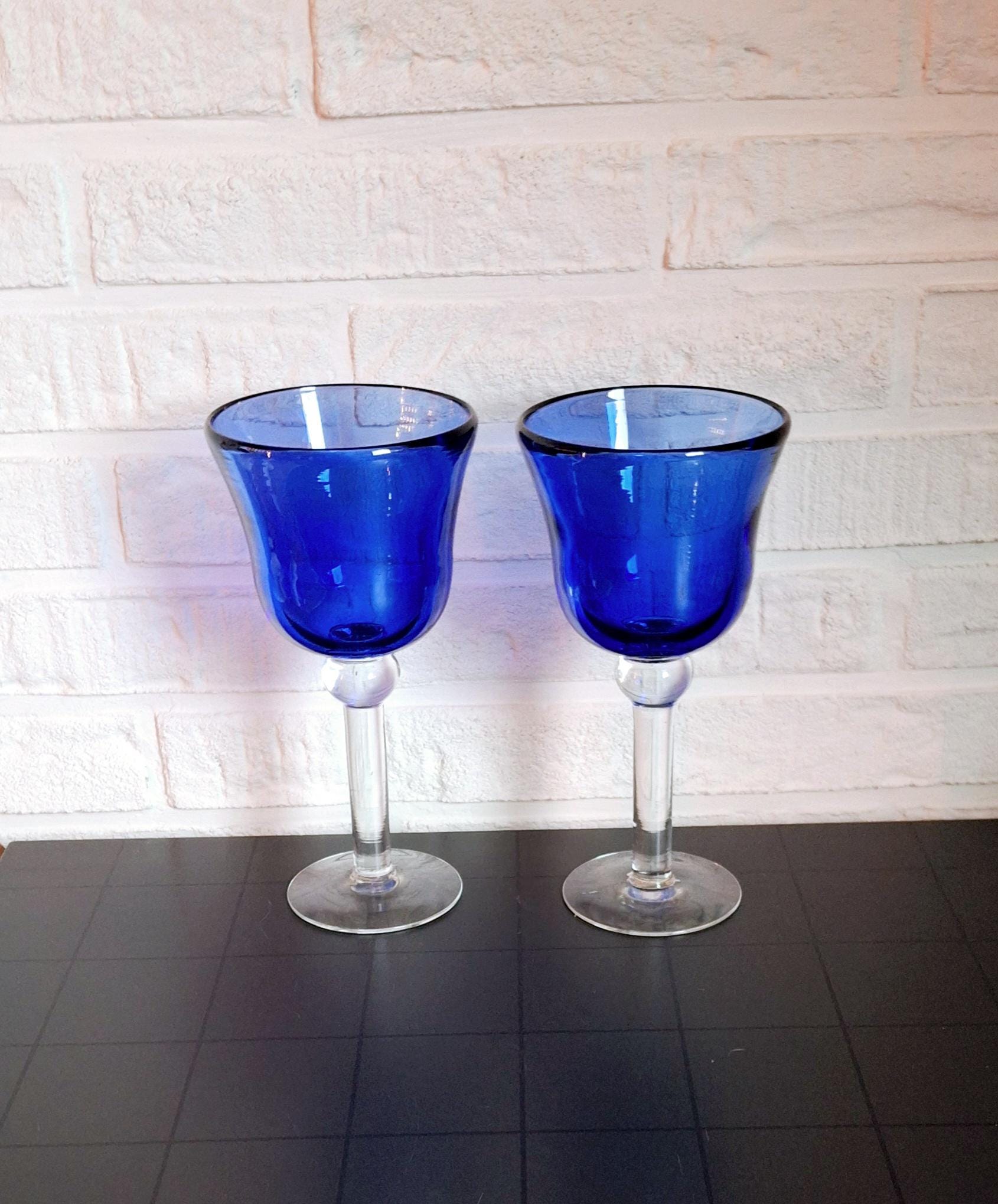 Vintage cobalt blue glassware pair, Two thick wine glasses, Cobalt blue goblets