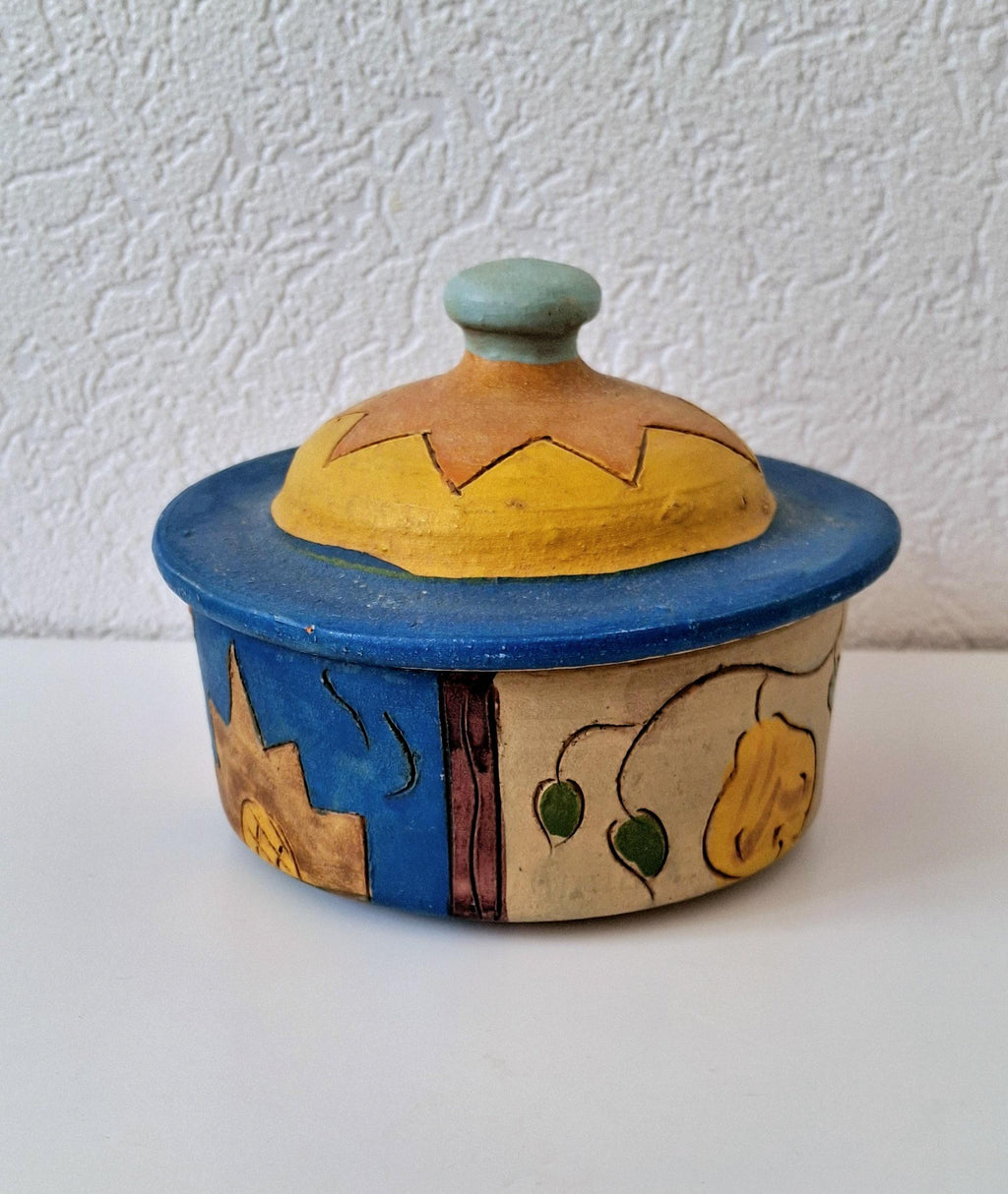 Hand painted ceramic lidded pot, Folk art kitchen decor