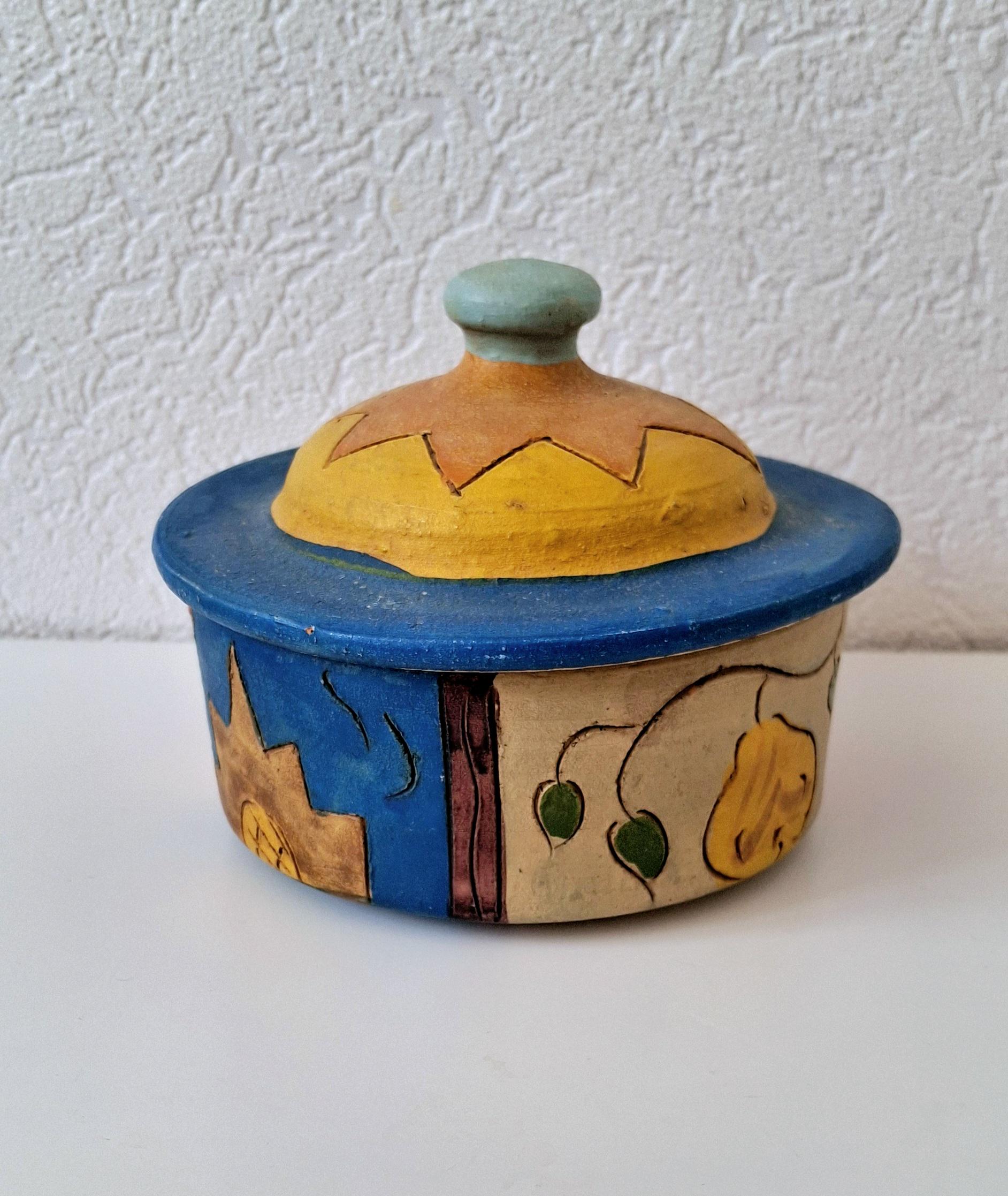 Hand painted ceramic lidded pot, Folk art kitchen decor