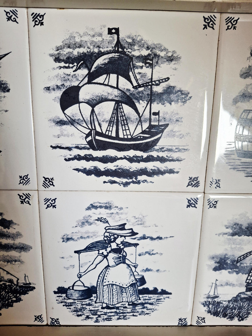 Dutch Delft tile serving tray with brass handles