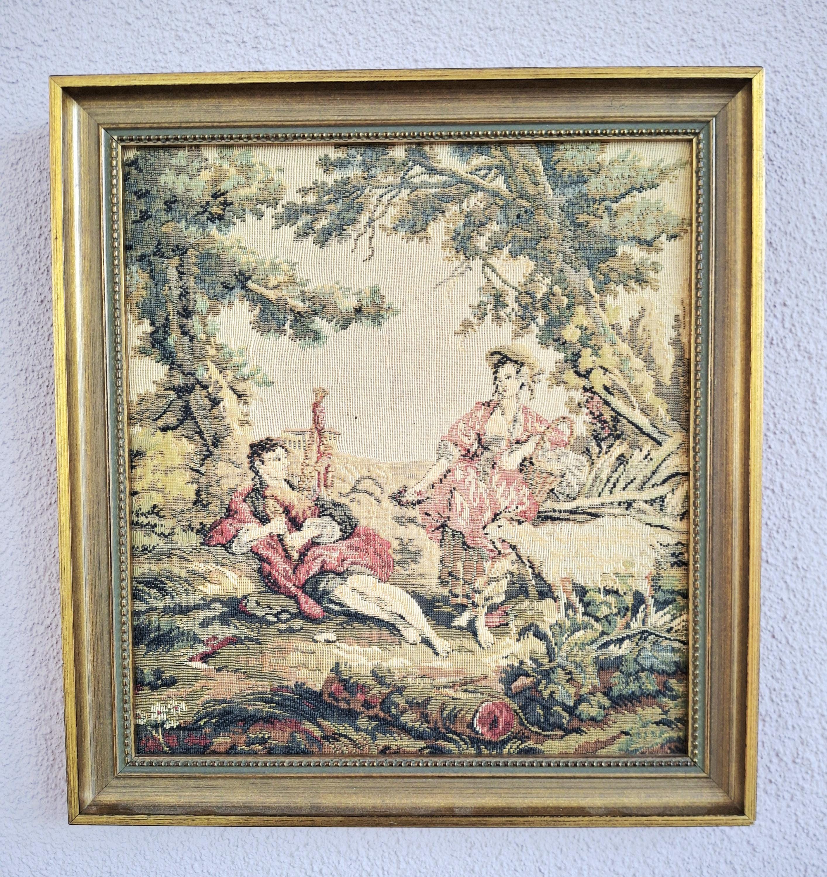Pair of vintage French-style tapestry wall hangings, Rococo pastoral scenes, Romantic wall art